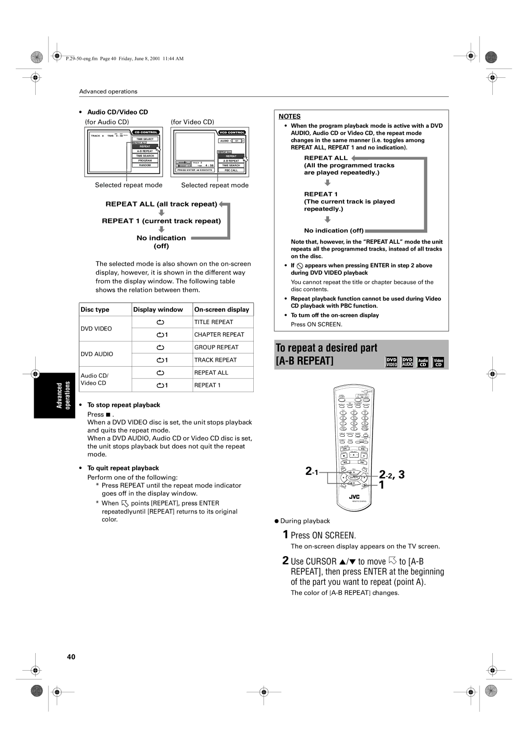 JVC XV-SA75GD manual To repeat a desired part A-B Repeat, Audio CD/Video CD, Disc type Display window On-screen display 