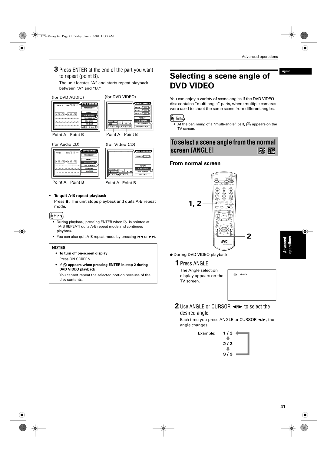 JVC XV-SA75GD manual Selecting a scene angle, To select a scene angle from the normal screen Angle, From normal screen 