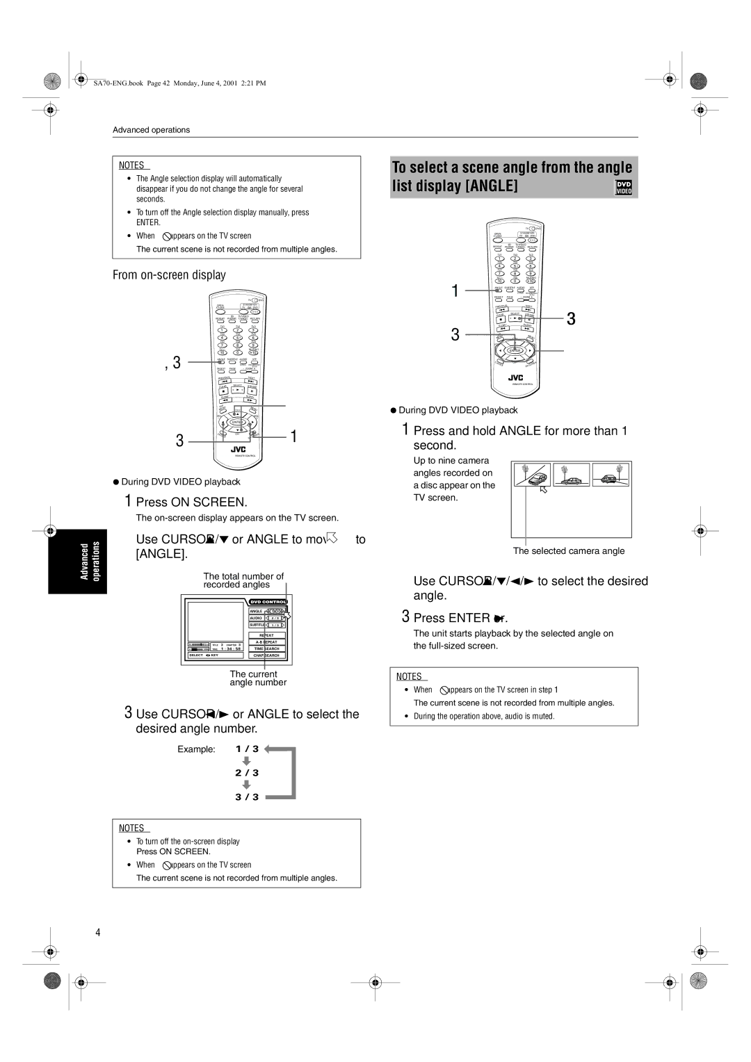 JVC XV-SA75GD manual From on-screen display, Use Cursor 2/3 or Angle to select the desired angle number, Total number 