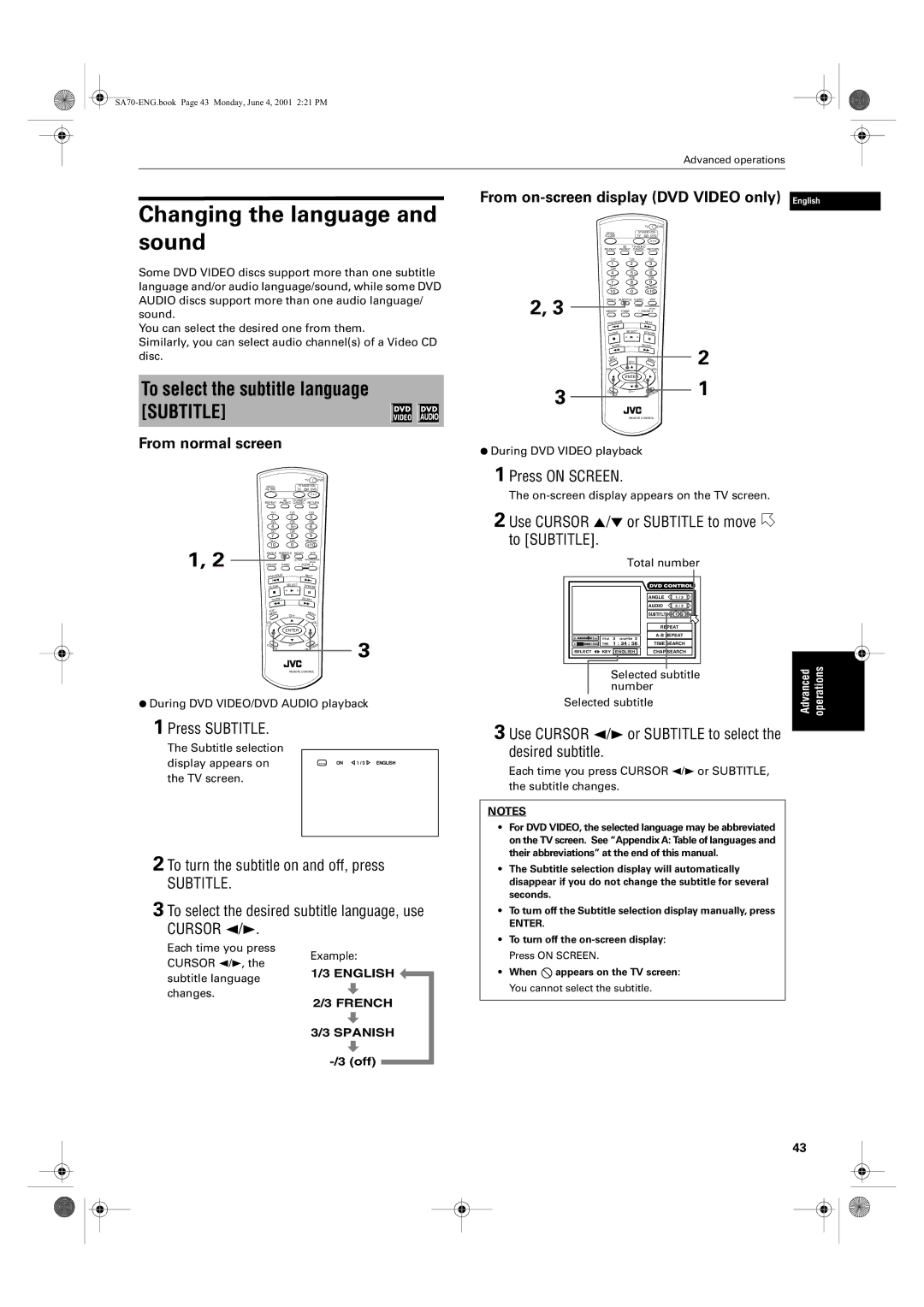 JVC XV-SA75GD manual Changing the language and sound, To select the subtitle language Subtitle 