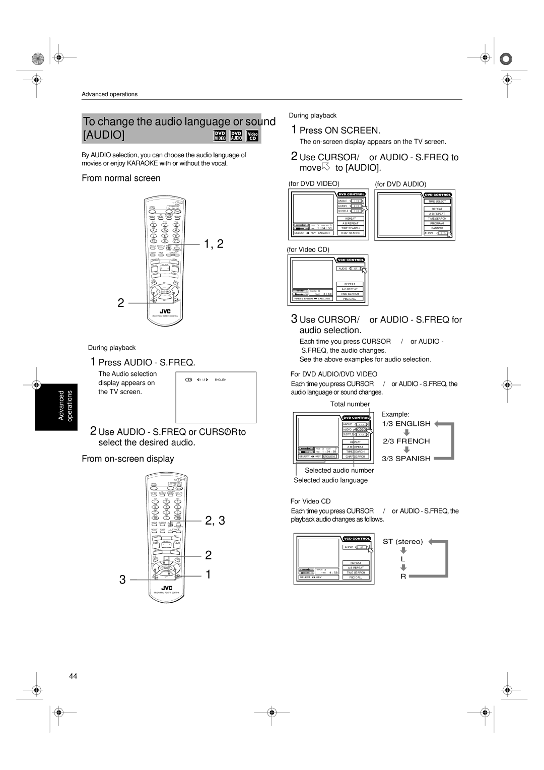 JVC XV-SA75GD manual To change the audio language or sound Audio, Use Cursor 5/∞ or Audio S.FREQ to move to Audio 