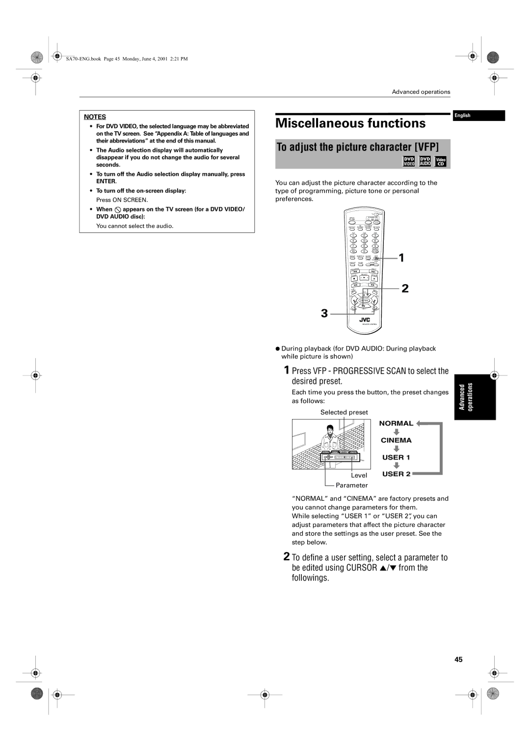 JVC XV-SA75GD manual Miscellaneous functions, Selected preset, Level, Parameter, Normal Cinema User 