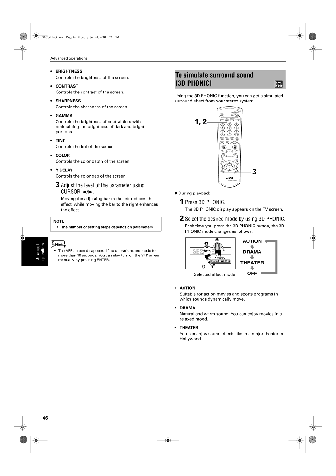 JVC XV-SA75GD To simulate surround sound 3D Phonic, Adjust the level of the parameter using Cursor 2/3, Press 3D Phonic 