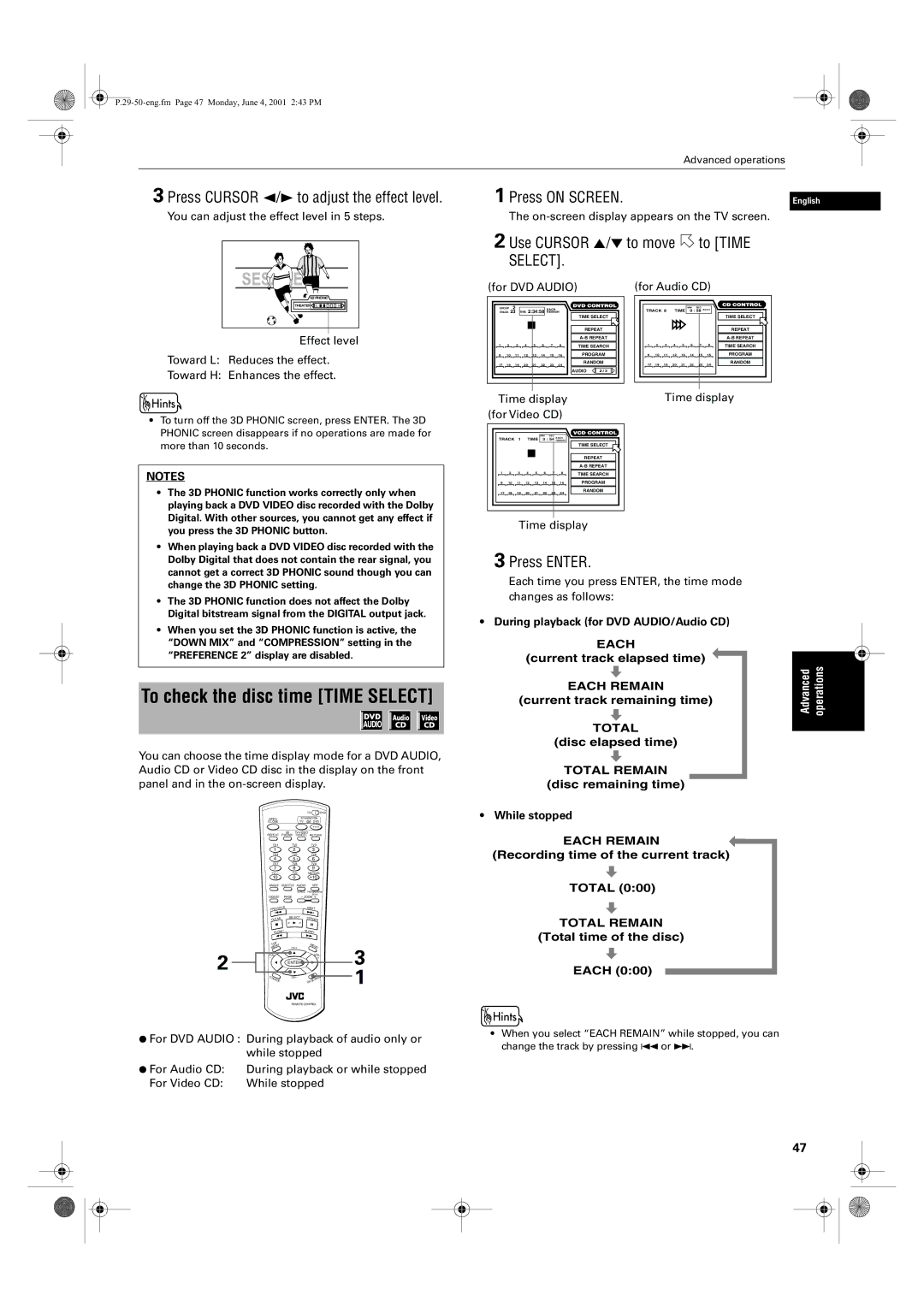 JVC XV-SA75GD manual Press Cursor 2/3 to adjust the effect level, Use Cursor 5/∞ to move to Time Select, Total Remain 