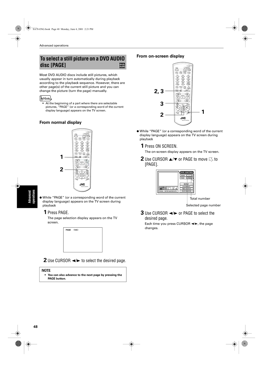 JVC XV-SA75GD manual To select a still picture on a DVD Audio disc, From normal display, Use Cursor 5/∞ or page to move to 