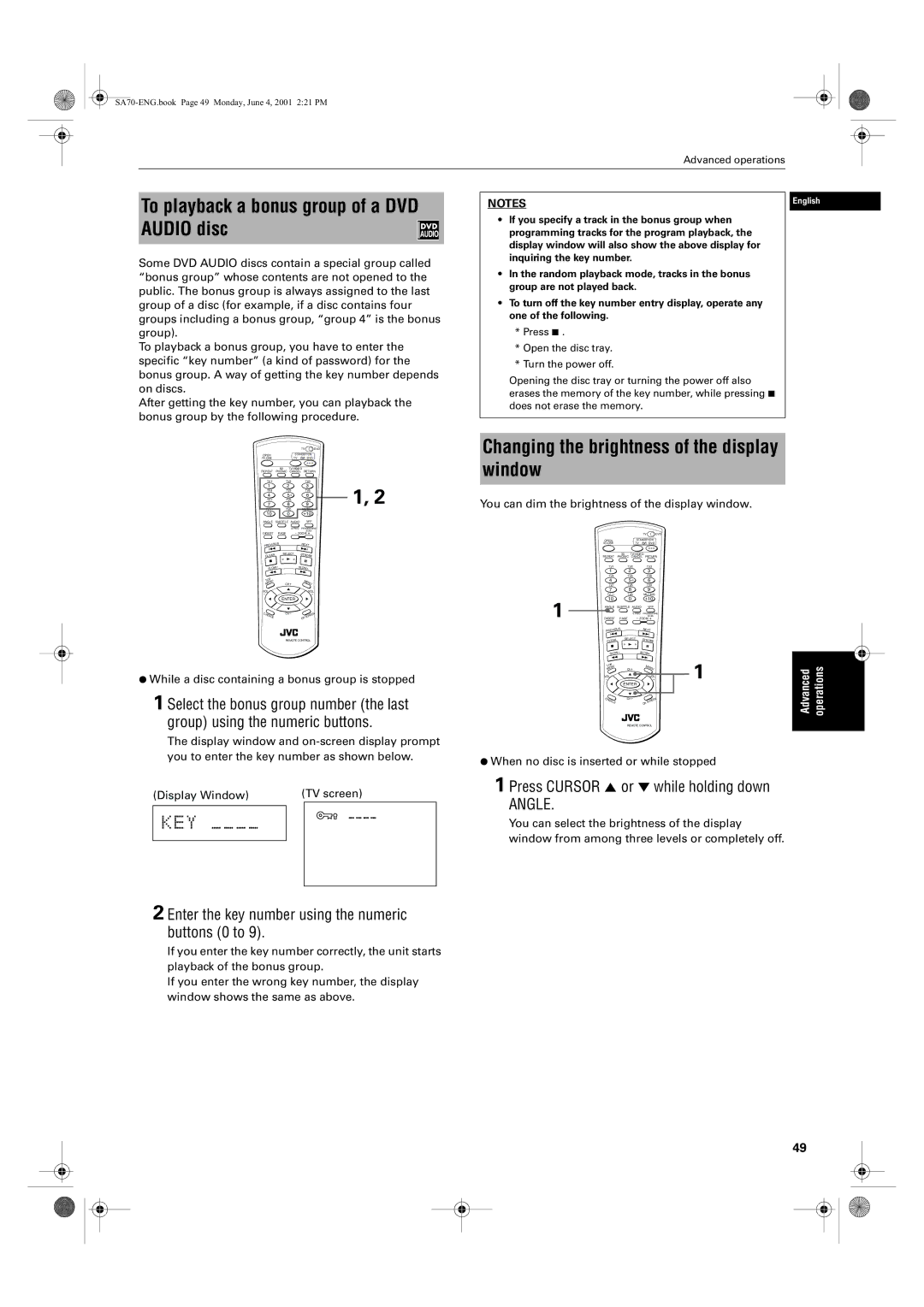 JVC XV-SA75GD manual To playback a bonus group of a DVD Audio disc, Press Cursor 5 or ∞ while holding down 