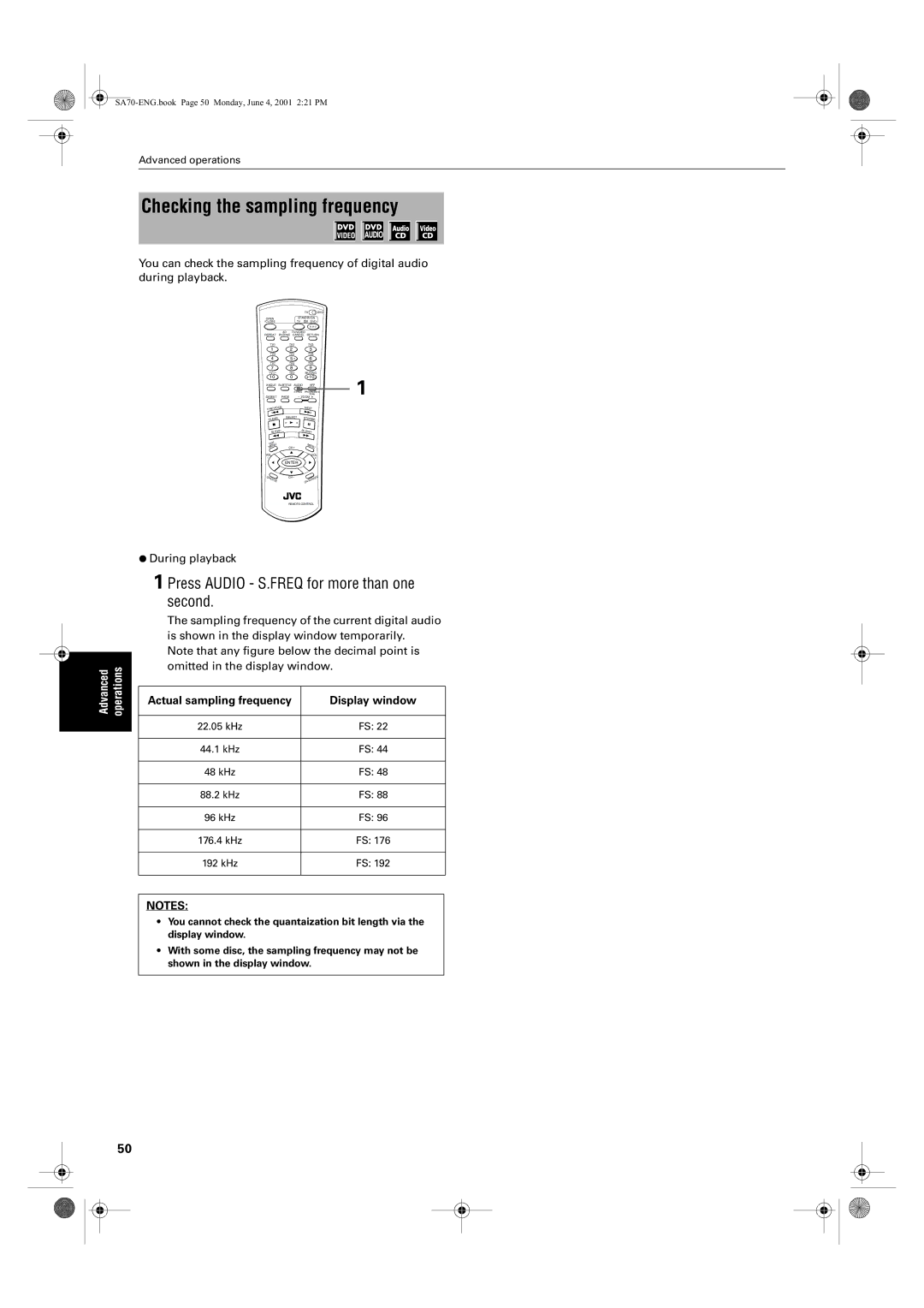 JVC XV-SA75GD manual Checking the sampling frequency, Press Audio S.FREQ for more than one second 