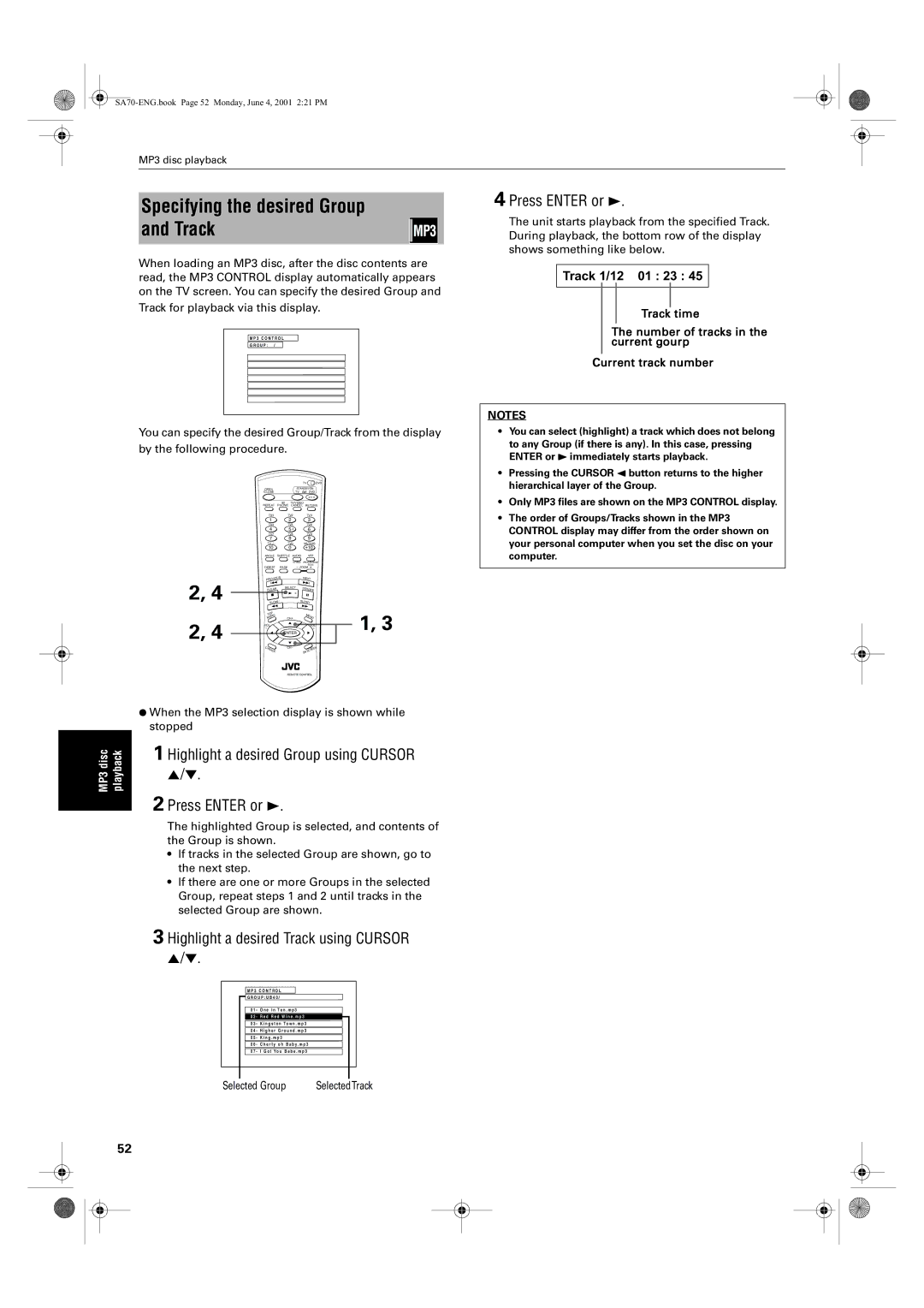 JVC XV-SA75GD Specifying the desired Group and Track, Highlight a desired Group using Cursor Press Enter or, Track time 