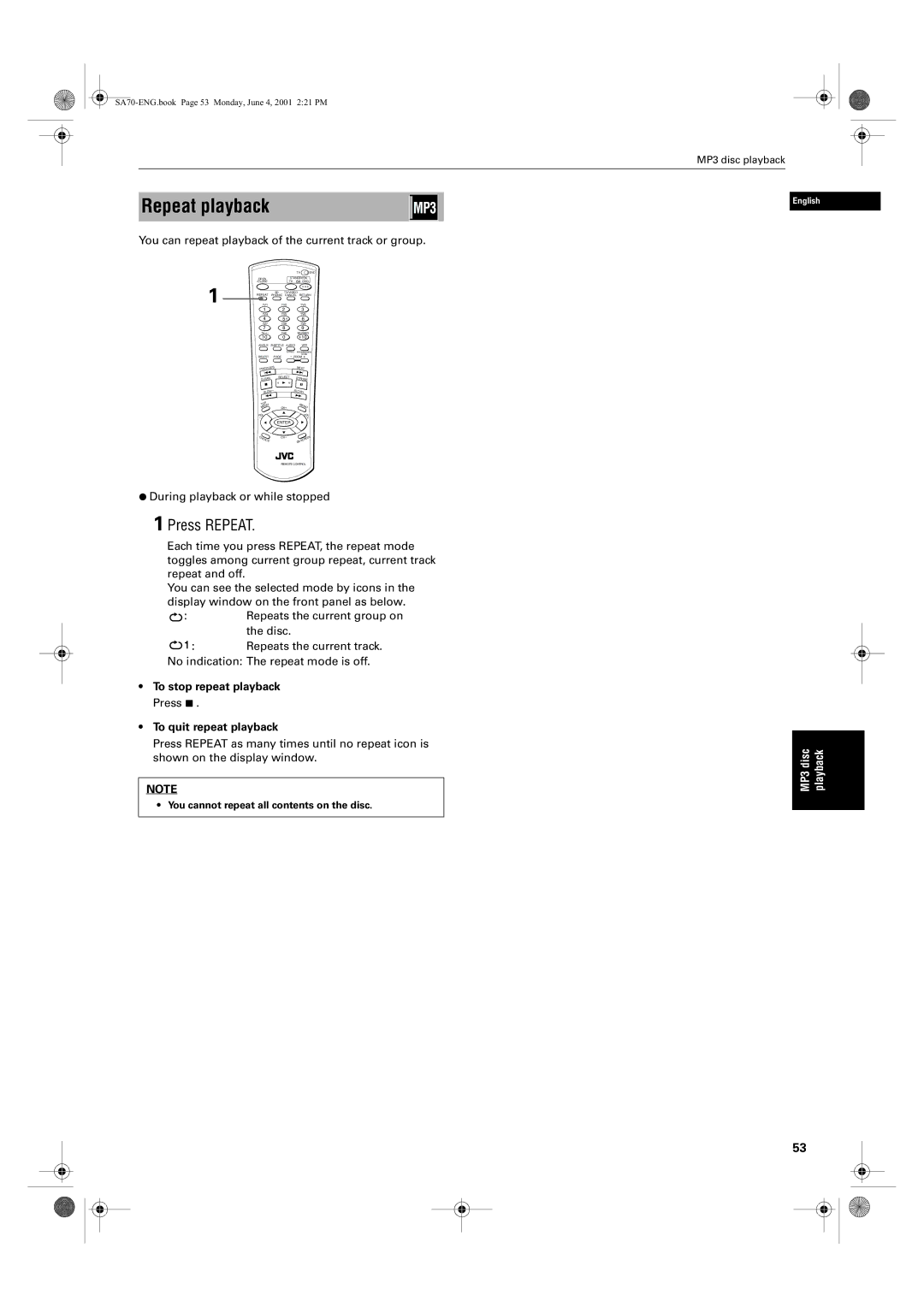 JVC XV-SA75GD Repeat playback, You can repeat playback of the current track or group, ¶ During playback or while stopped 