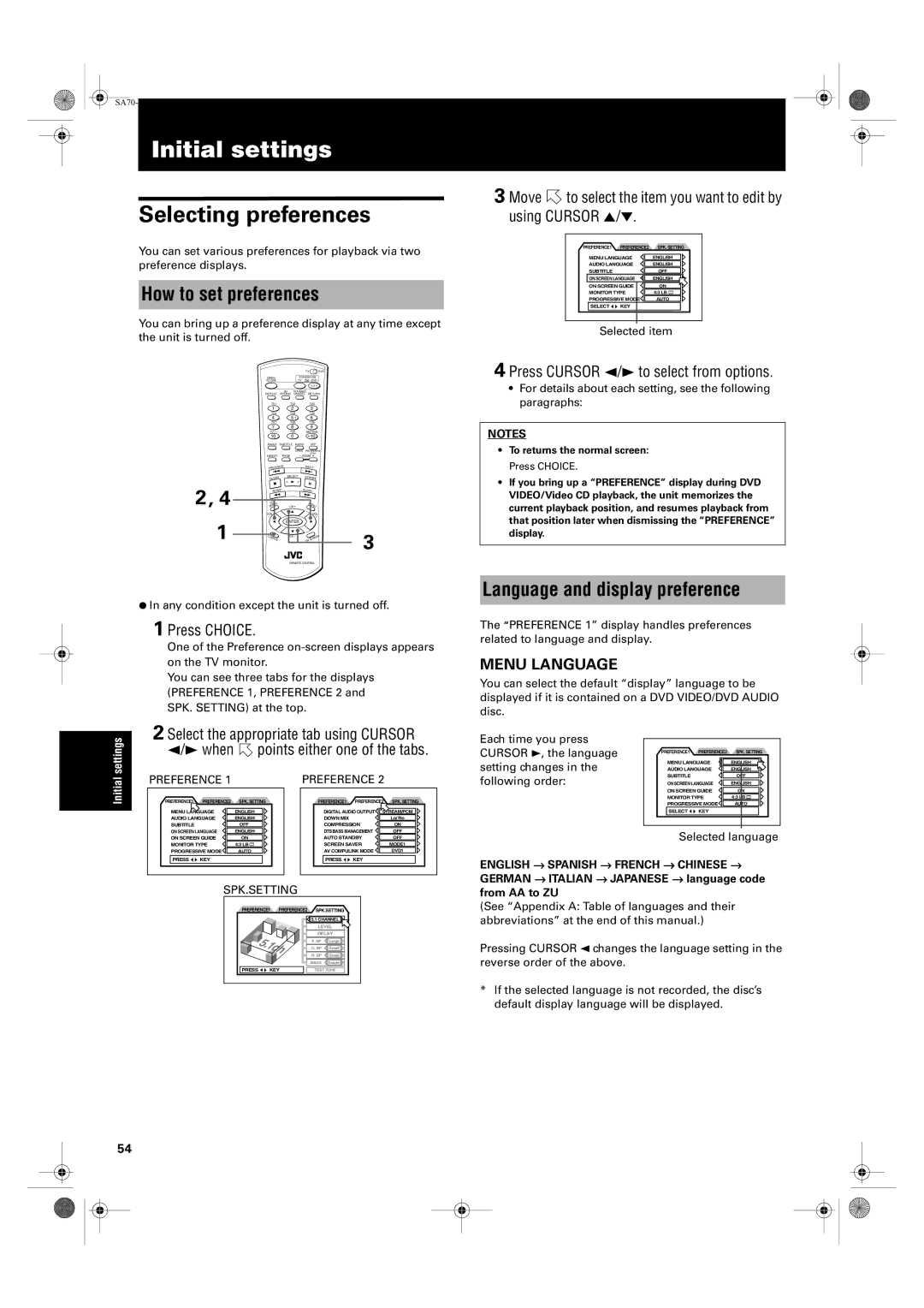 JVC XV-SA75GD manual Initial settings, Selecting preferences, How to set preferences, Language and display preference, When 