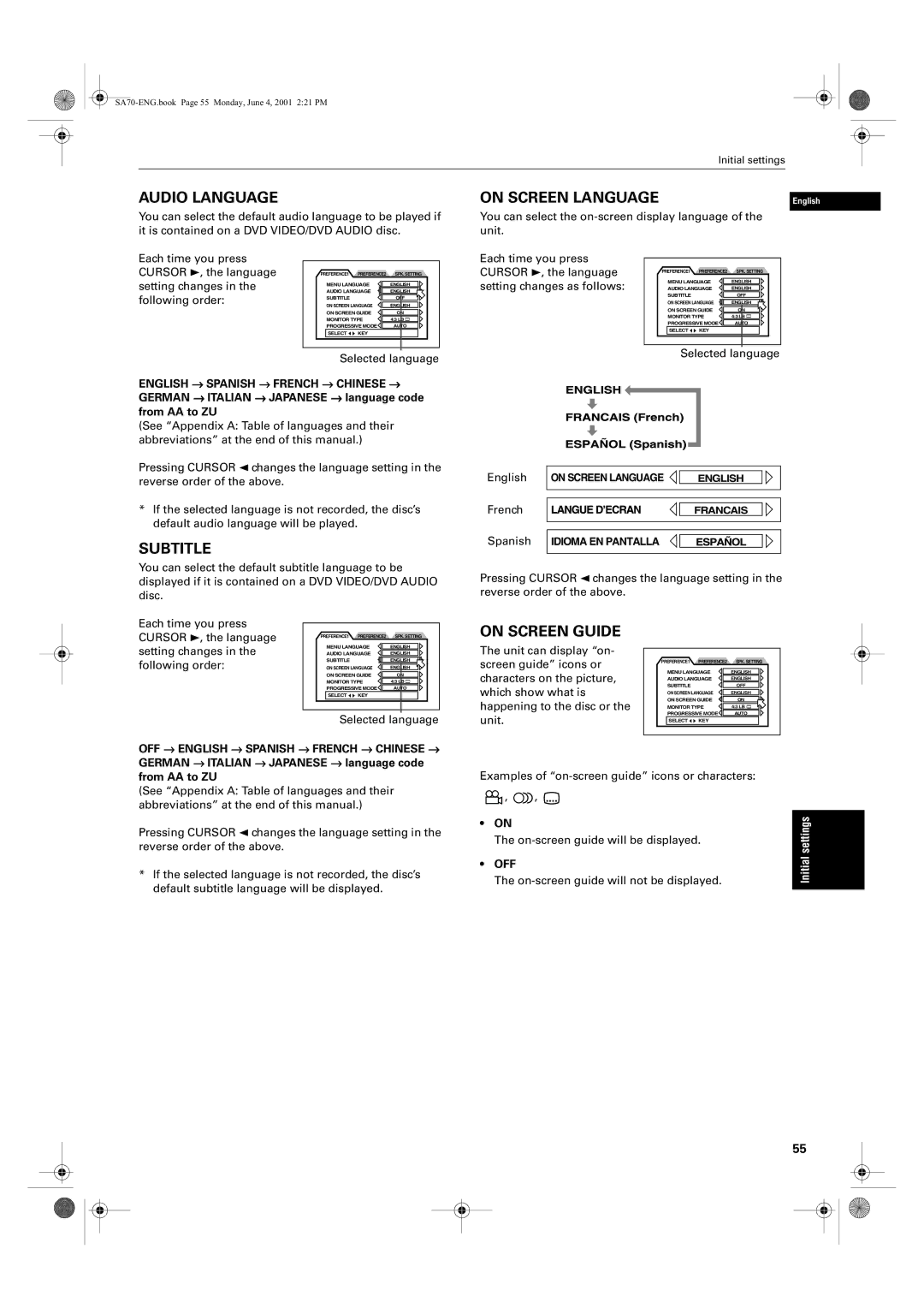 JVC XV-SA75GD manual English, French, Spanish 