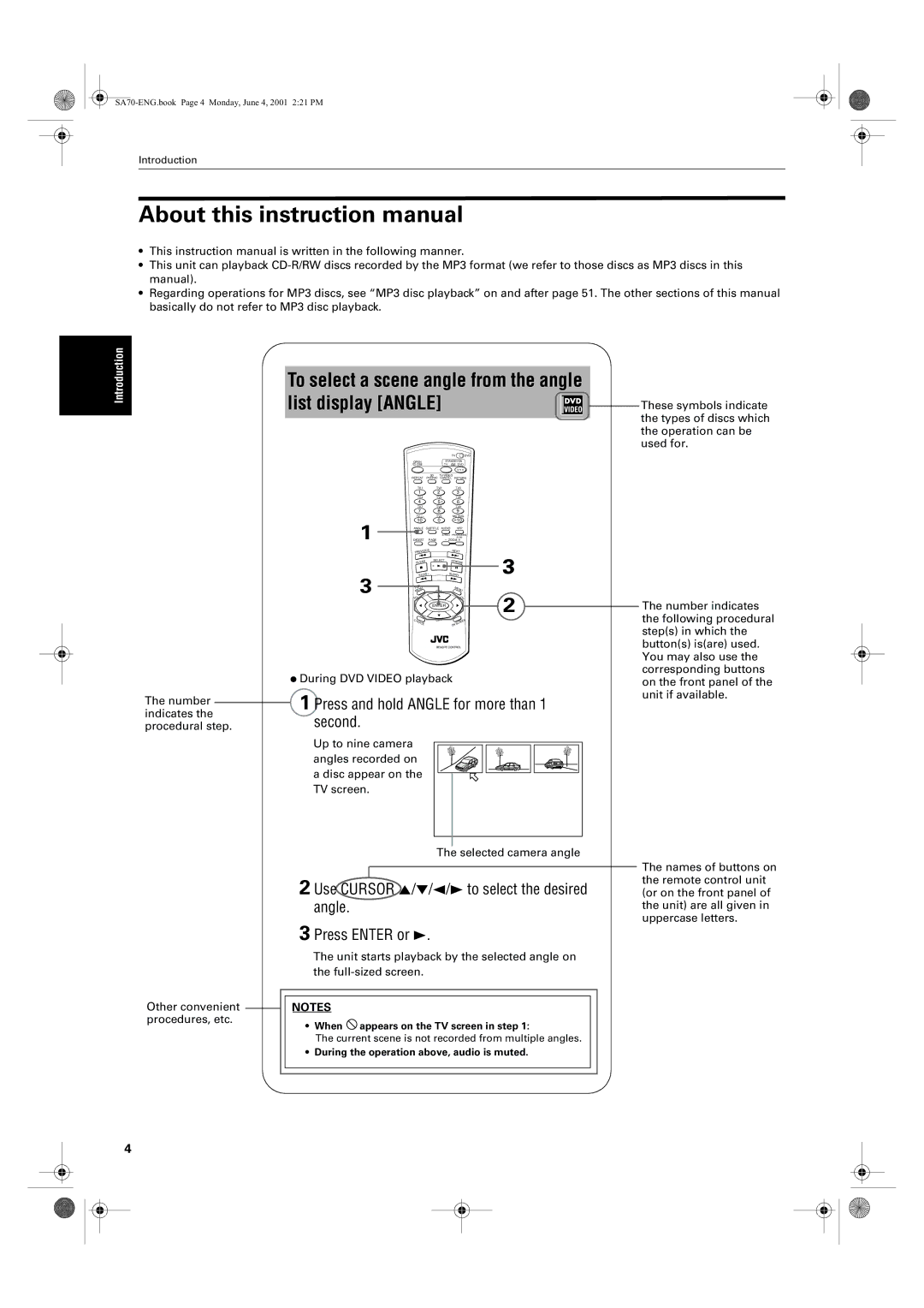 JVC XV-SA75GD manual To select a scene angle from the angle list display Angle, Press and hold Angle for more than 1 second 