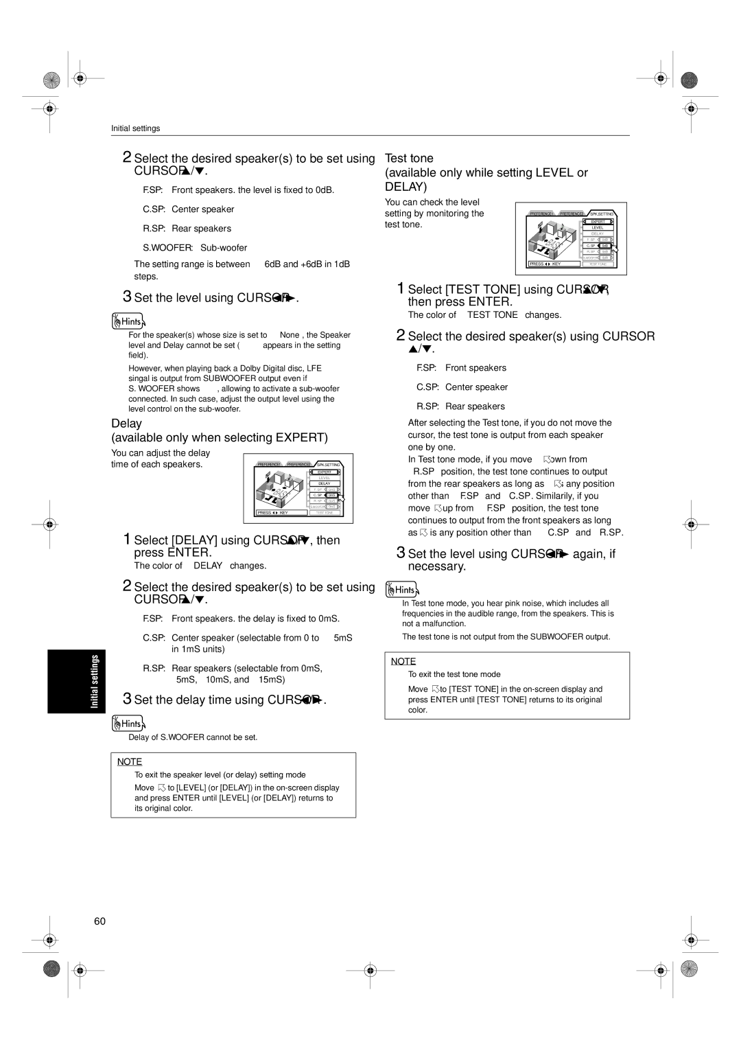 JVC XV-SA75GD manual Test tone Available only while setting Level or, Delay Available only when selecting Expert 