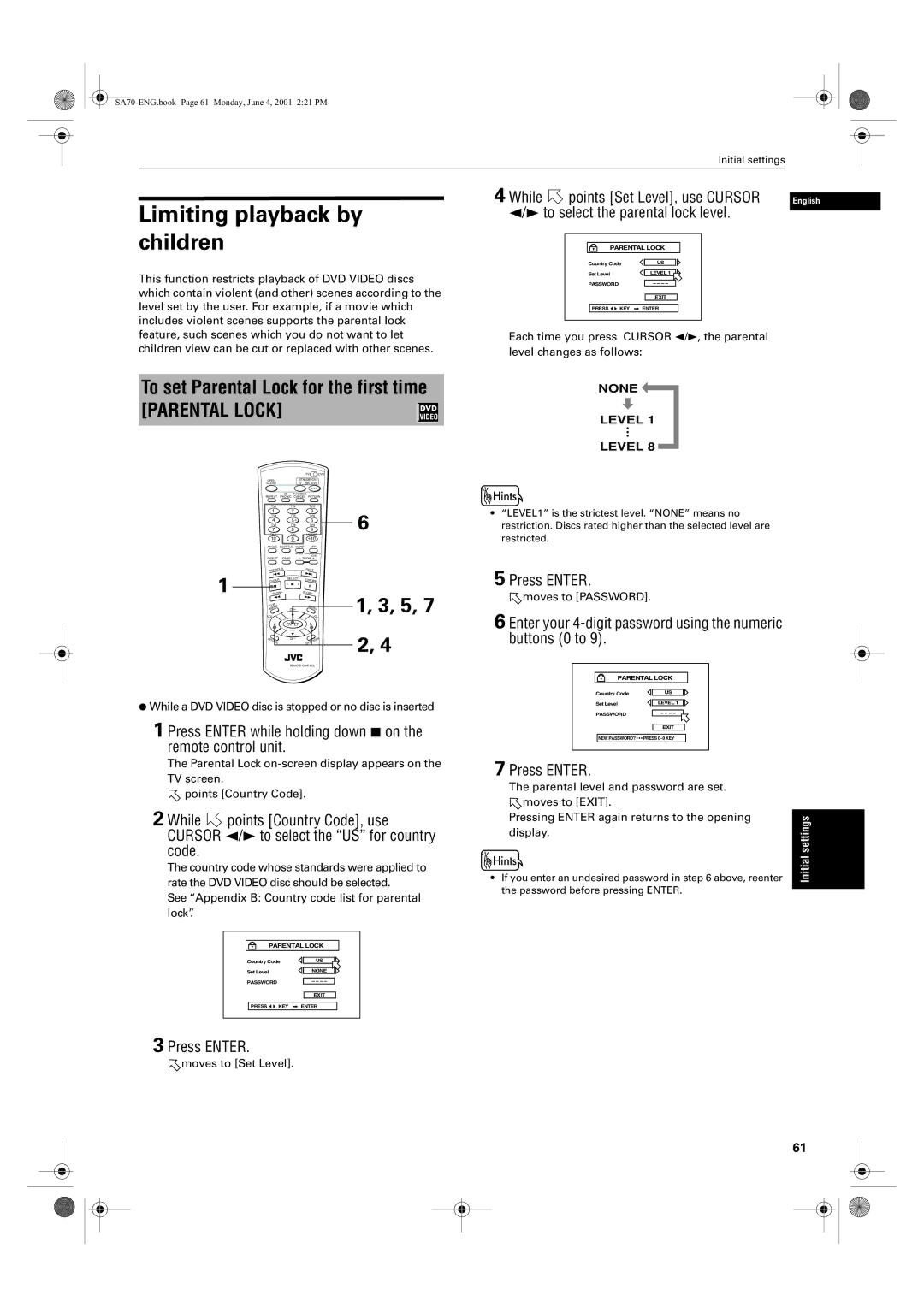 JVC XV-SA75GD Limiting playback by children, To set Parental Lock for the first time, While Points Set Level, use Cursor 