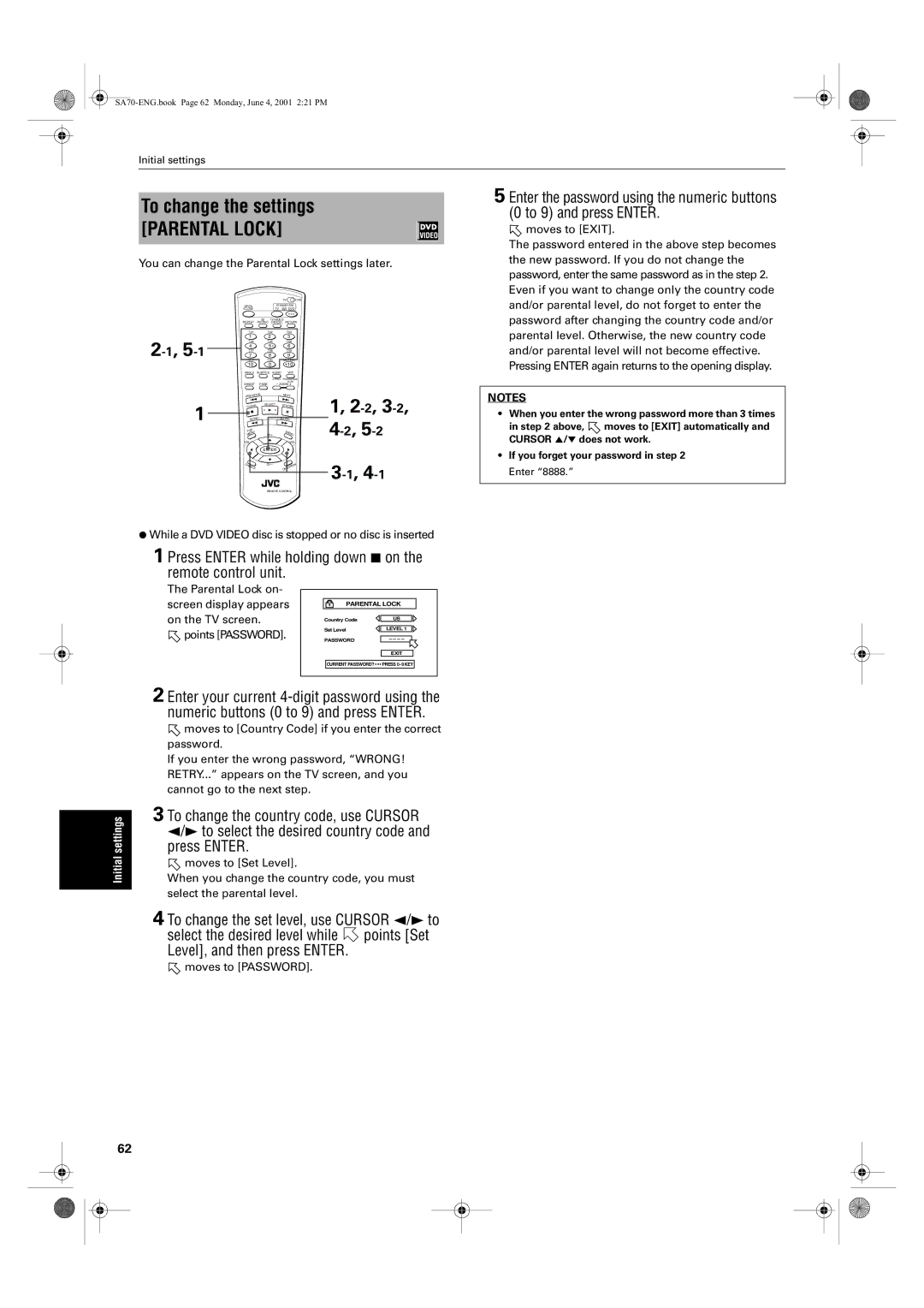 JVC XV-SA75GD manual To change the settings, Press Enter while holding down 7 on Remote control unit 