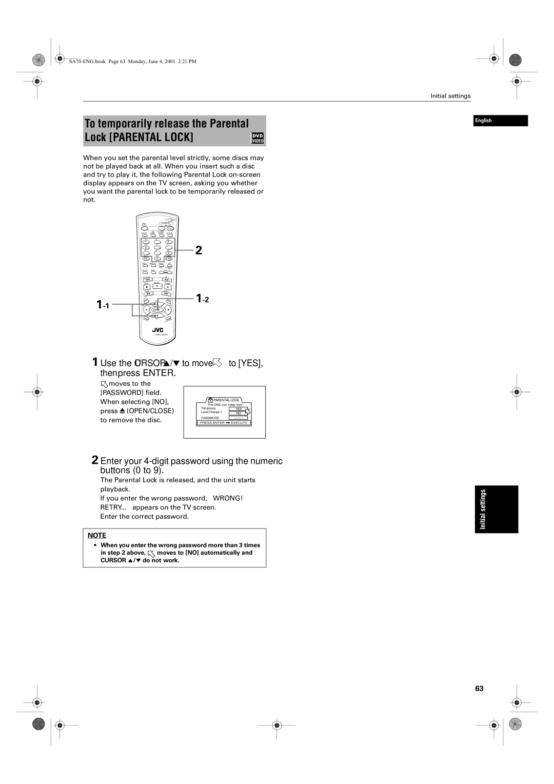 JVC XV-SA75GD manual Use the Cursor 5/∞ to move to YES, then press Enter, When selecting no, Press 0 OPEN/CLOSE 