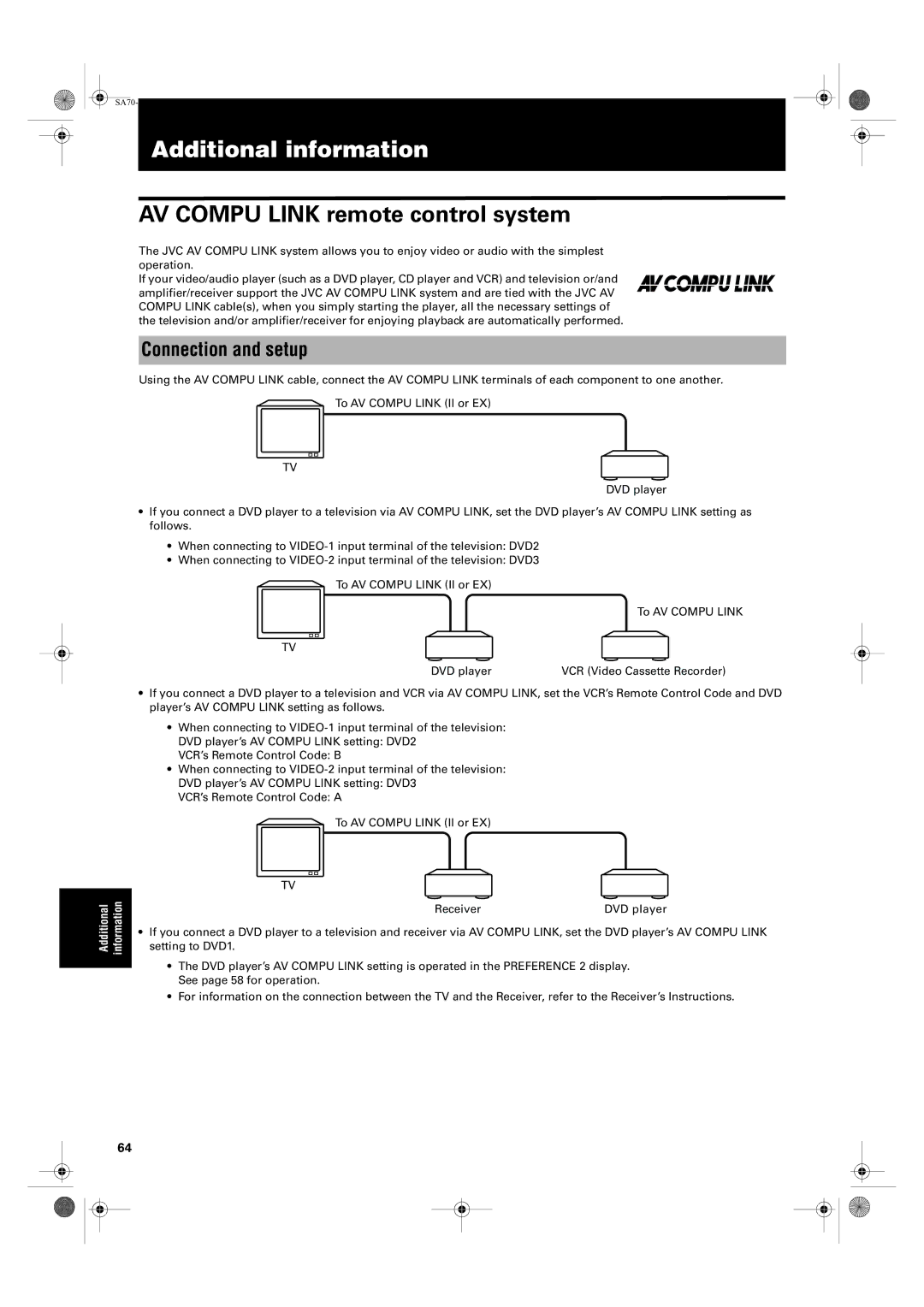 JVC XV-SA75GD manual Additional information, AV Compu Link remote control system, Connection and setup 