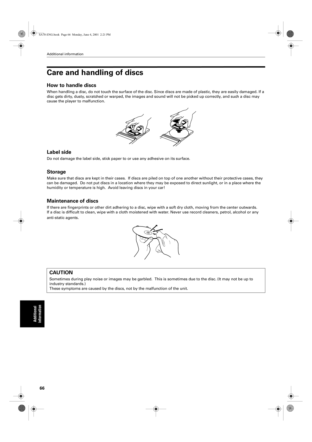 JVC XV-SA75GD manual Care and handling of discs, How to handle discs, Label side, Storage, Maintenance of discs 