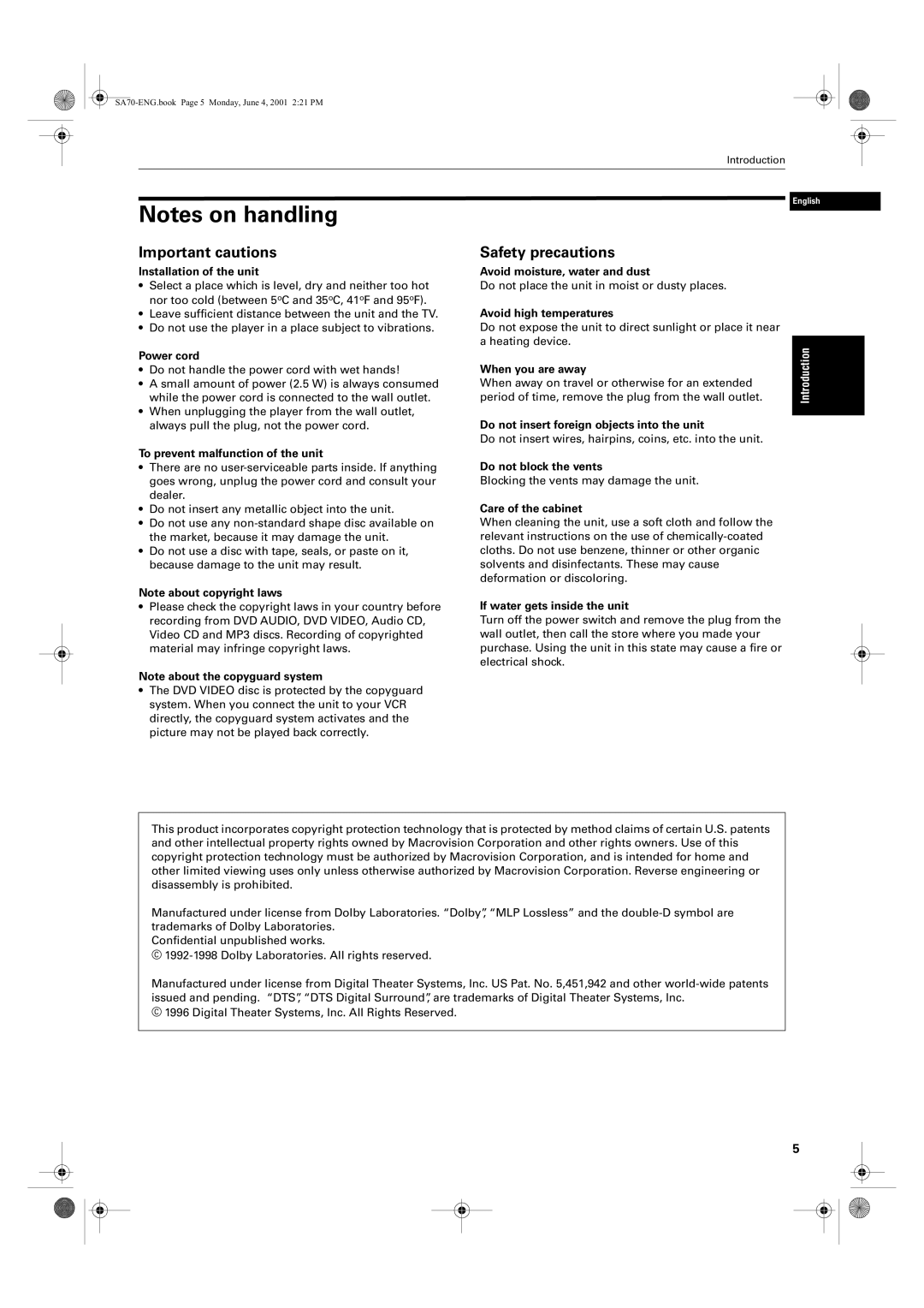 JVC XV-SA75GD manual Important cautions, Safety precautions 