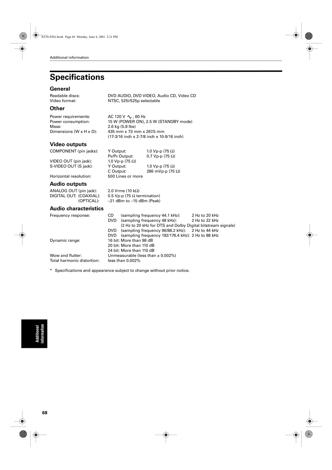 JVC XV-SA75GD manual Specifications 