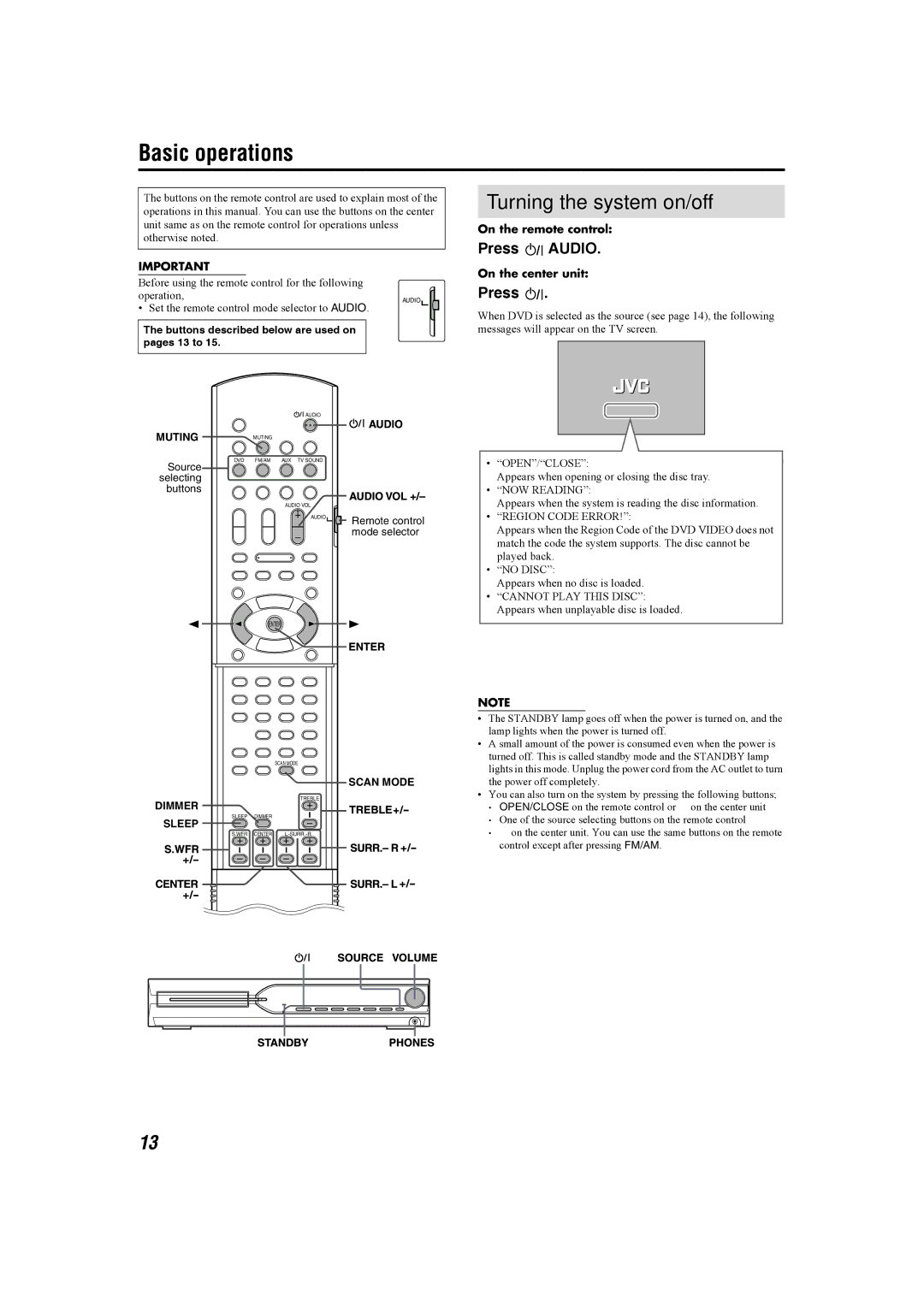 JVC XV-THS1, SP-WS1, SP-THS1S, SP-THS1F manual Basic operations, Turning the system on/off, Press Audio 