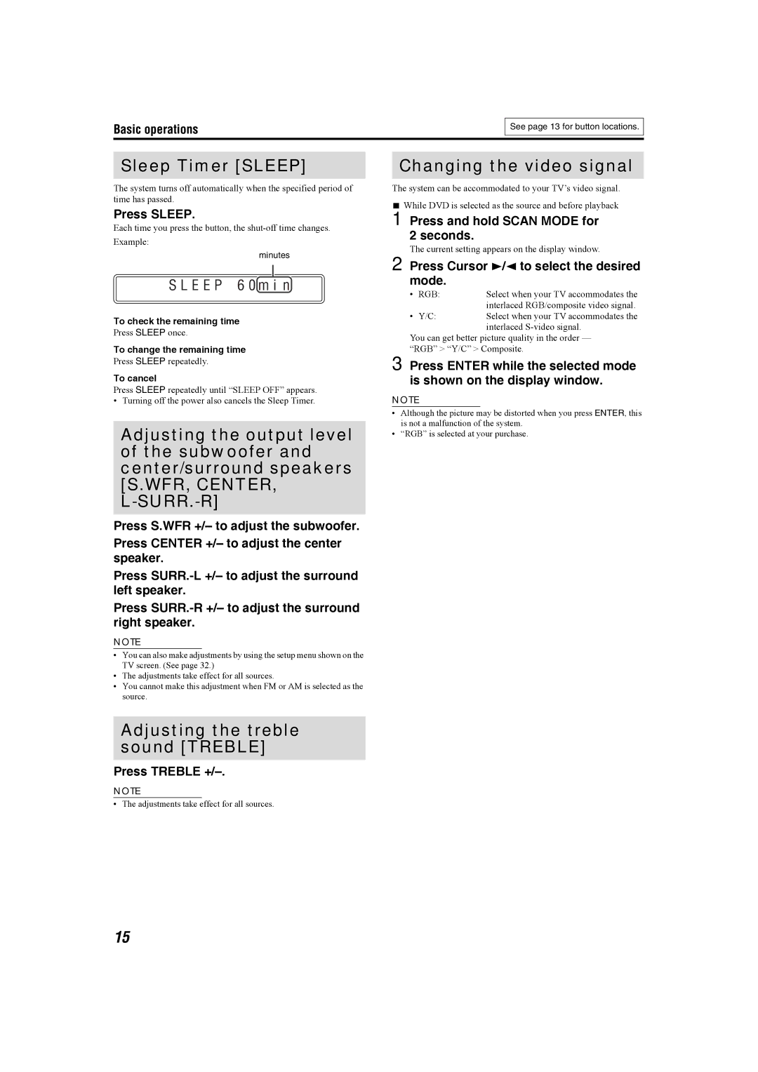JVC SP-THS1S, XV-THS1 Sleep Timer Sleep, Adjusting the treble sound Treble, Changing the video signal, E E P 6 0 m i n 