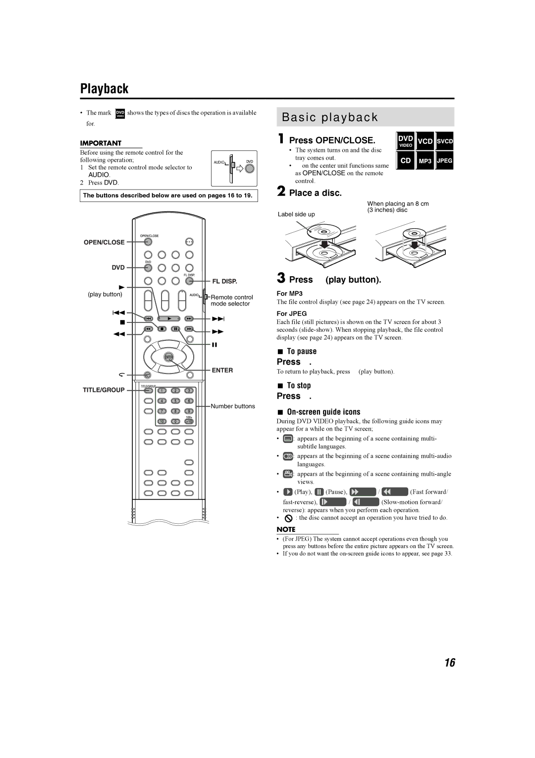 JVC SP-THS1F, XV-THS1, SP-WS1, SP-THS1S manual Playback, Basic playback, Press OPEN/CLOSE, Place a disc, Press 3 play button 