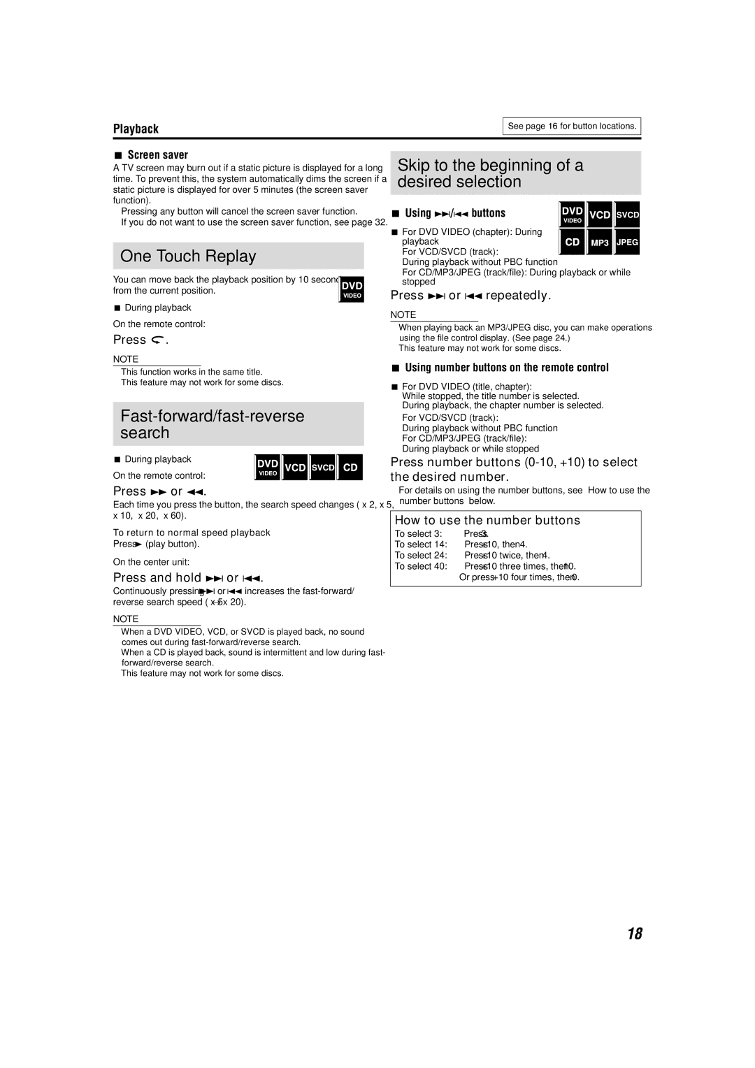 JVC SP-WS1, XV-THS1 manual One Touch Replay, Fast-forward/fast-reverse search, Skip to the beginning of a desired selection 