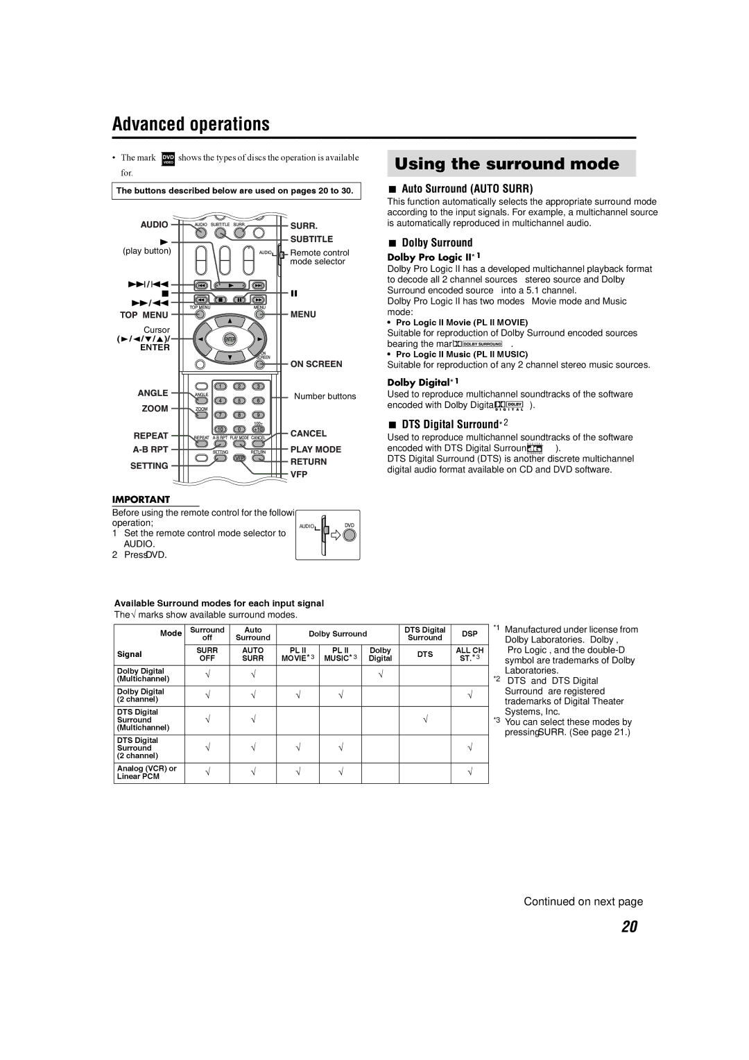 JVC SP-THS1F Advanced operations, Using the surround mode, Auto Surround Auto Surr, Dolby Surround, DTS Digital Surround*2 