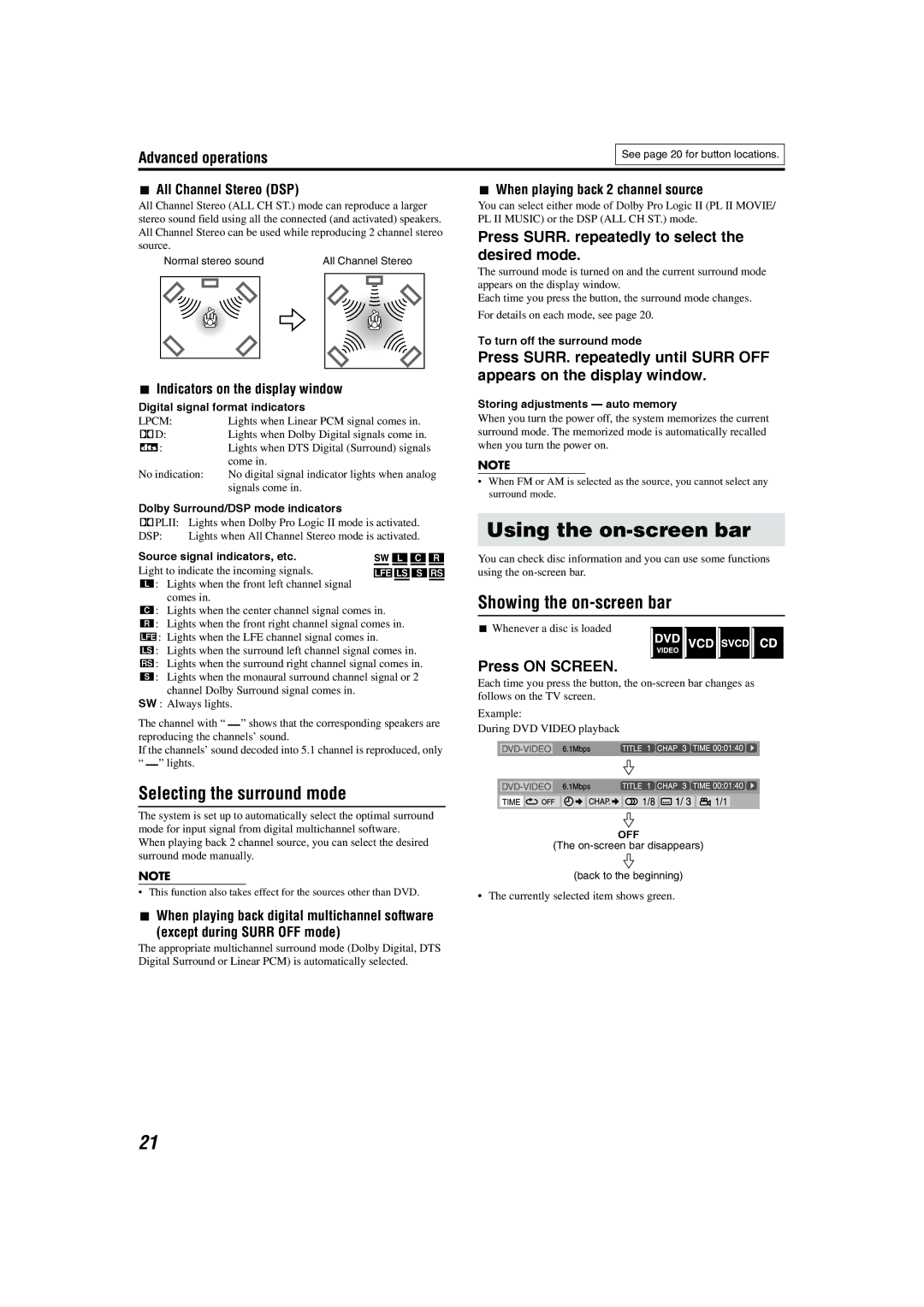 JVC XV-THS1, SP-WS1 manual Using the on-screen bar, Selecting the surround mode, Showing the on-screen bar, Press on Screen 