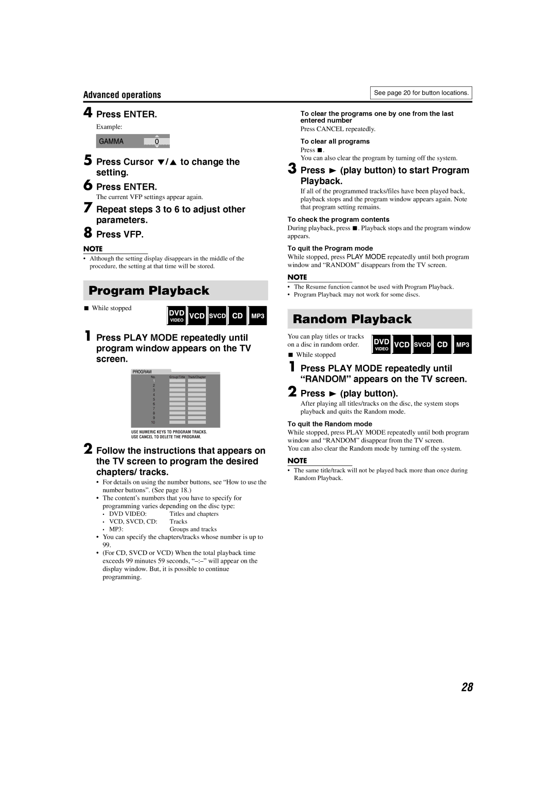 JVC SP-THS1F, XV-THS1, SP-WS1 manual Program Playback, Random Playback, Press Cursor Y/5 to change the setting Press Enter 