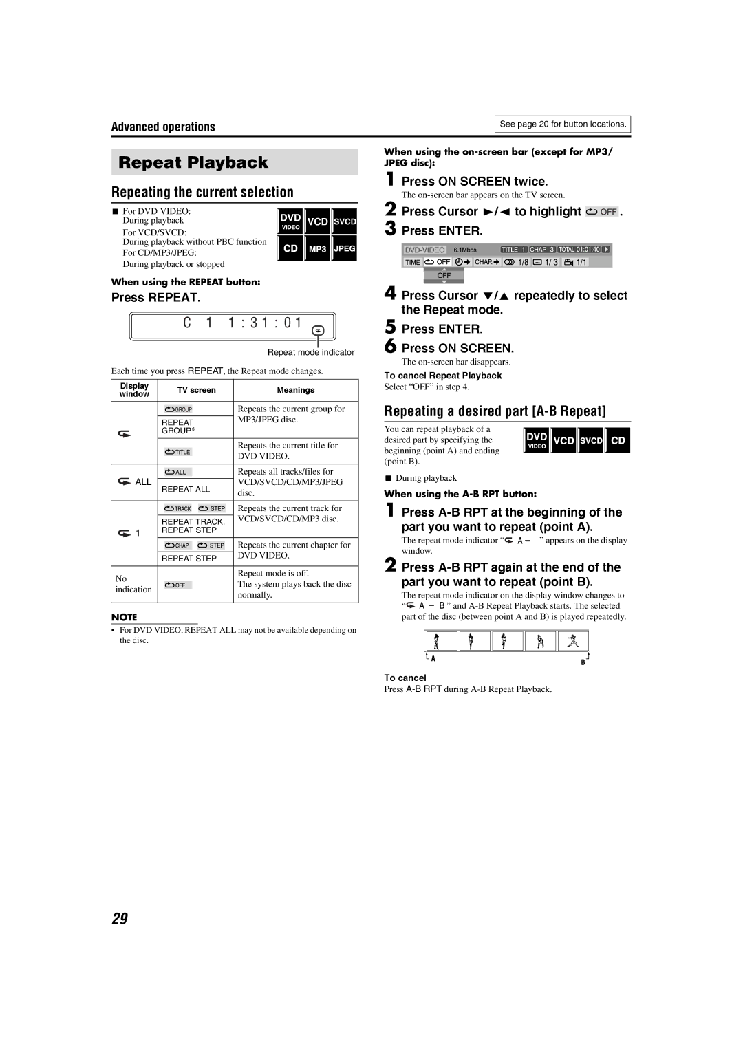 JVC XV-THS1 Repeat Playback, Repeating the current selection, Repeating a desired part A-B Repeat, 1 3 1 0, Press Repeat 