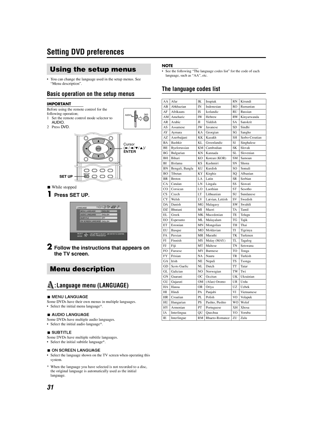 JVC SP-THS1S, XV-THS1, SP-WS1, SP-THS1F manual Setting DVD preferences, Using the setup menus, Menu description 