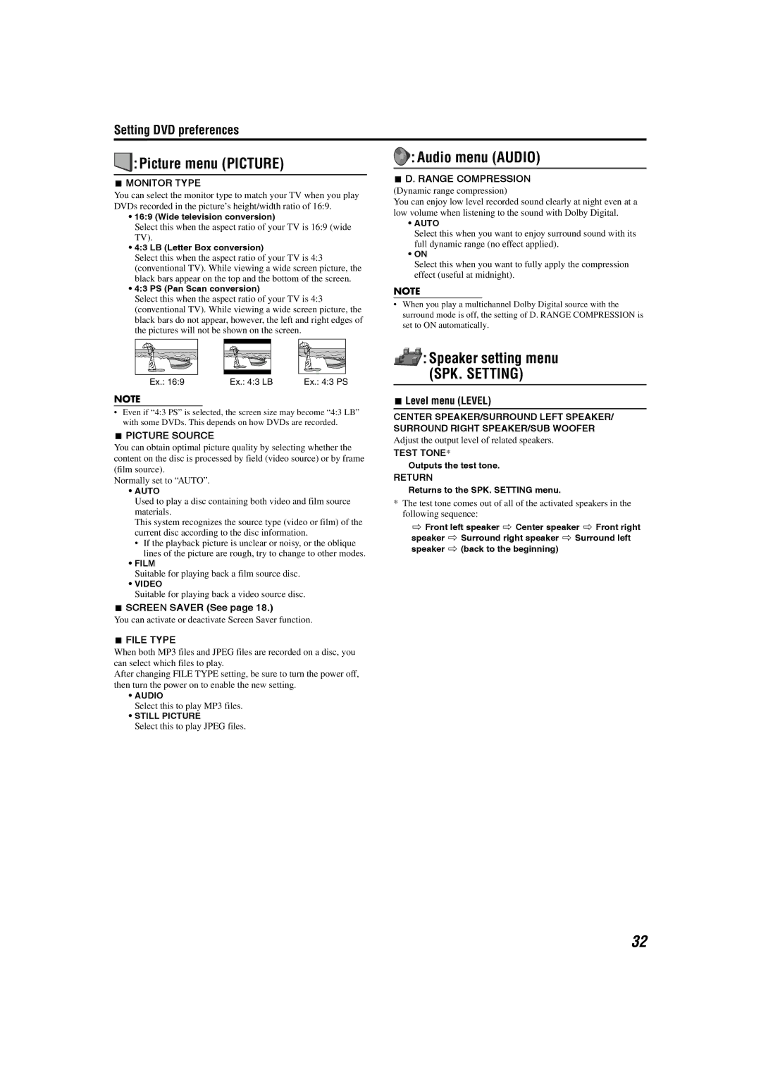 JVC SP-THS1F, XV-THS1, SP-WS1, SP-THS1S manual Picture menu Picture, Audio menu Audio, Speaker setting menu 