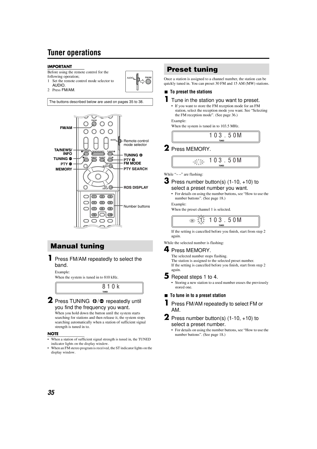 JVC SP-THS1S, XV-THS1, SP-WS1, SP-THS1F manual Tuner operations, Manual tuning, Preset tuning 