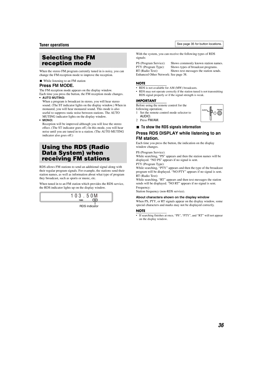 JVC SP-THS1F Selecting the FM reception mode, Using the RDS Radio Data System when receiving FM stations, Press FM Mode 