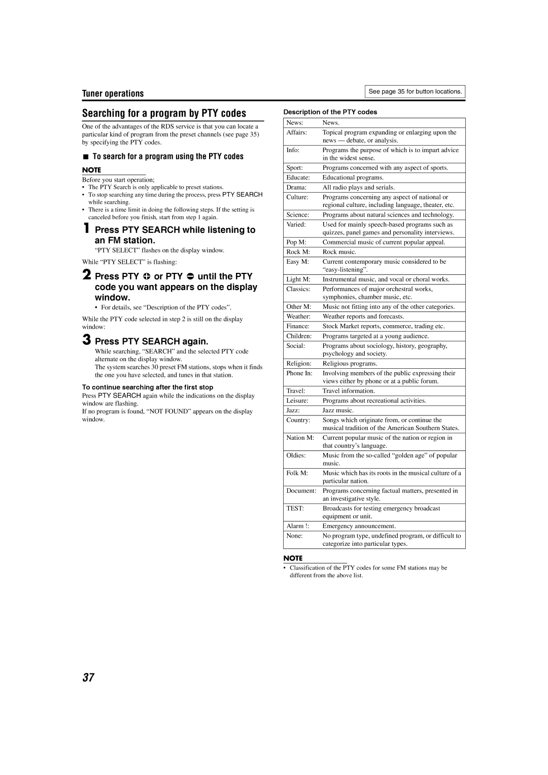 JVC XV-THS1 manual Press PTY Search while listening to an FM station, Press PTY Search again, Description of the PTY codes 