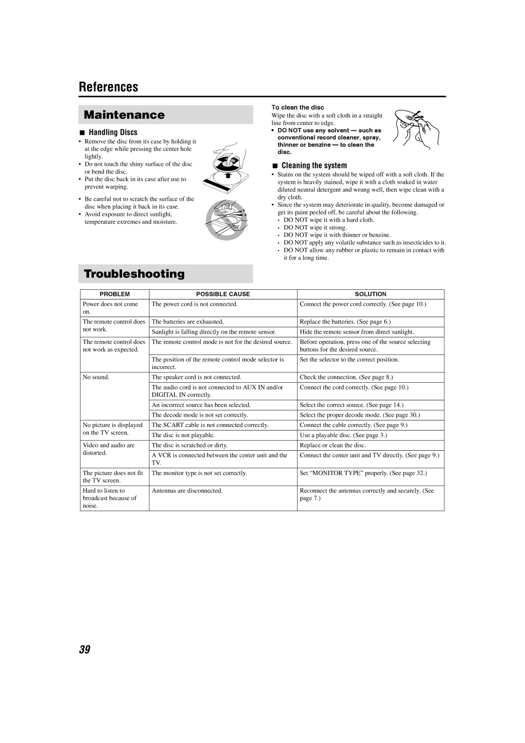 JVC SP-THS1S, XV-THS1, SP-WS1, SP-THS1F manual References, Maintenance, Troubleshooting, Handling Discs, Cleaning the system 