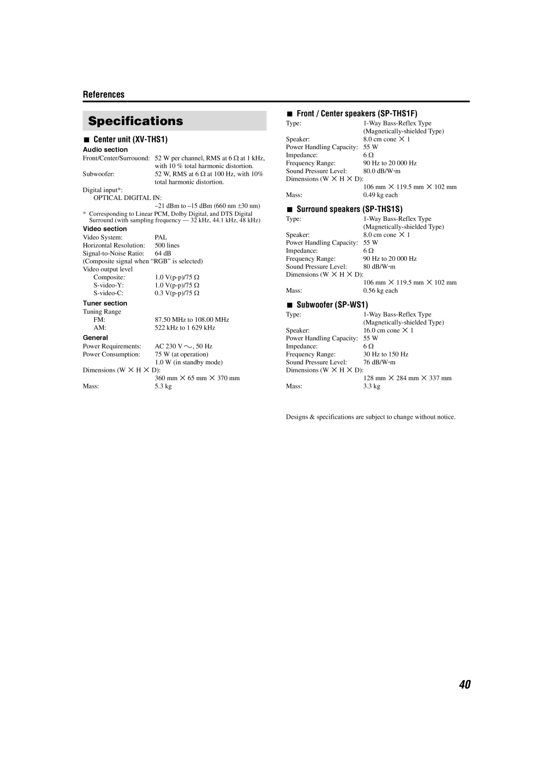 JVC Specifications, Center unit XV-THS1, Front / Center speakers SP-THS1F, Surround speakers SP-THS1S, Subwoofer SP-WS1 
