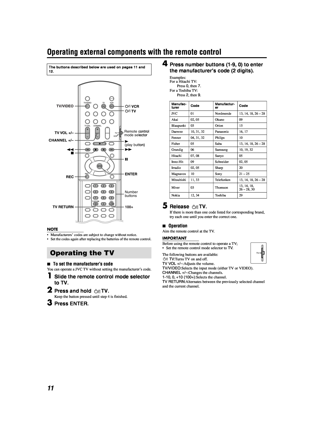 JVC SP-THS1S Operating the TV, Slide the remote control mode selector to TV, Press and hold TV, Press ENTER, Release TV 