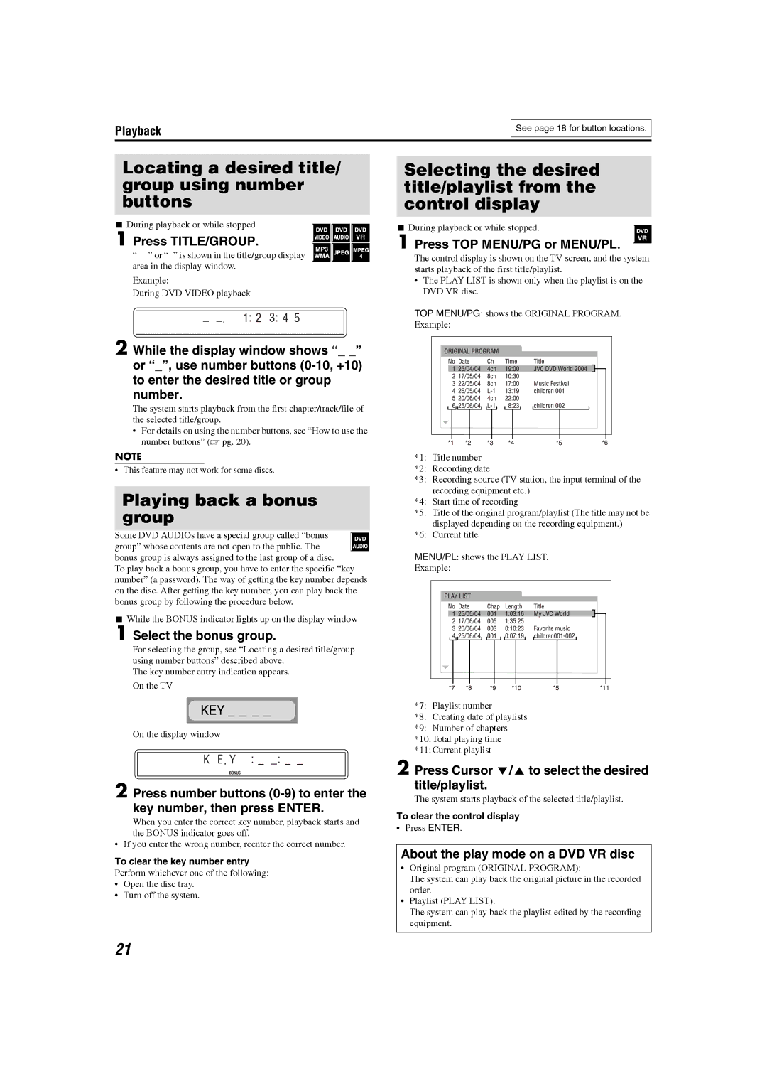 JVC XV-THS77, SP-PWS77, GVT0154-001A manual Locating a desired title/ group using number buttons, Playing back a bonus group 