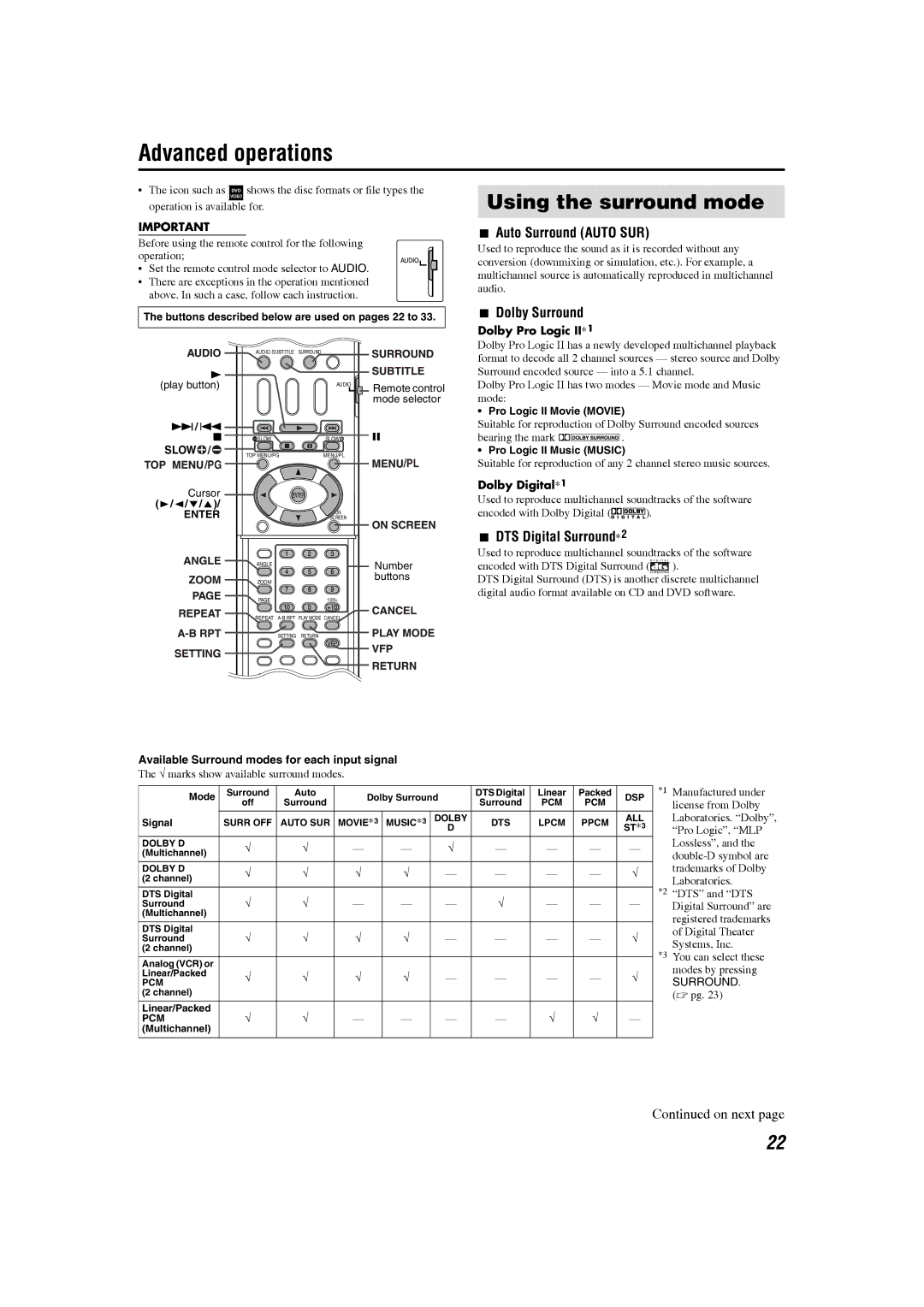 JVC SP-PWS77 Advanced operations, Using the surround mode, Auto Surround Auto SUR, Dolby Surround, DTS Digital Surround*2 