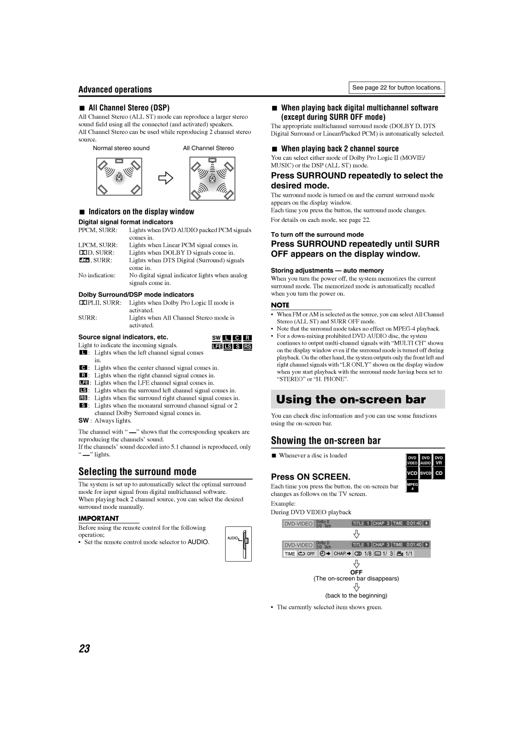 JVC GVT0154-001A manual Using the on-screen bar, Selecting the surround mode, Showing the on-screen bar, Press on Screen 