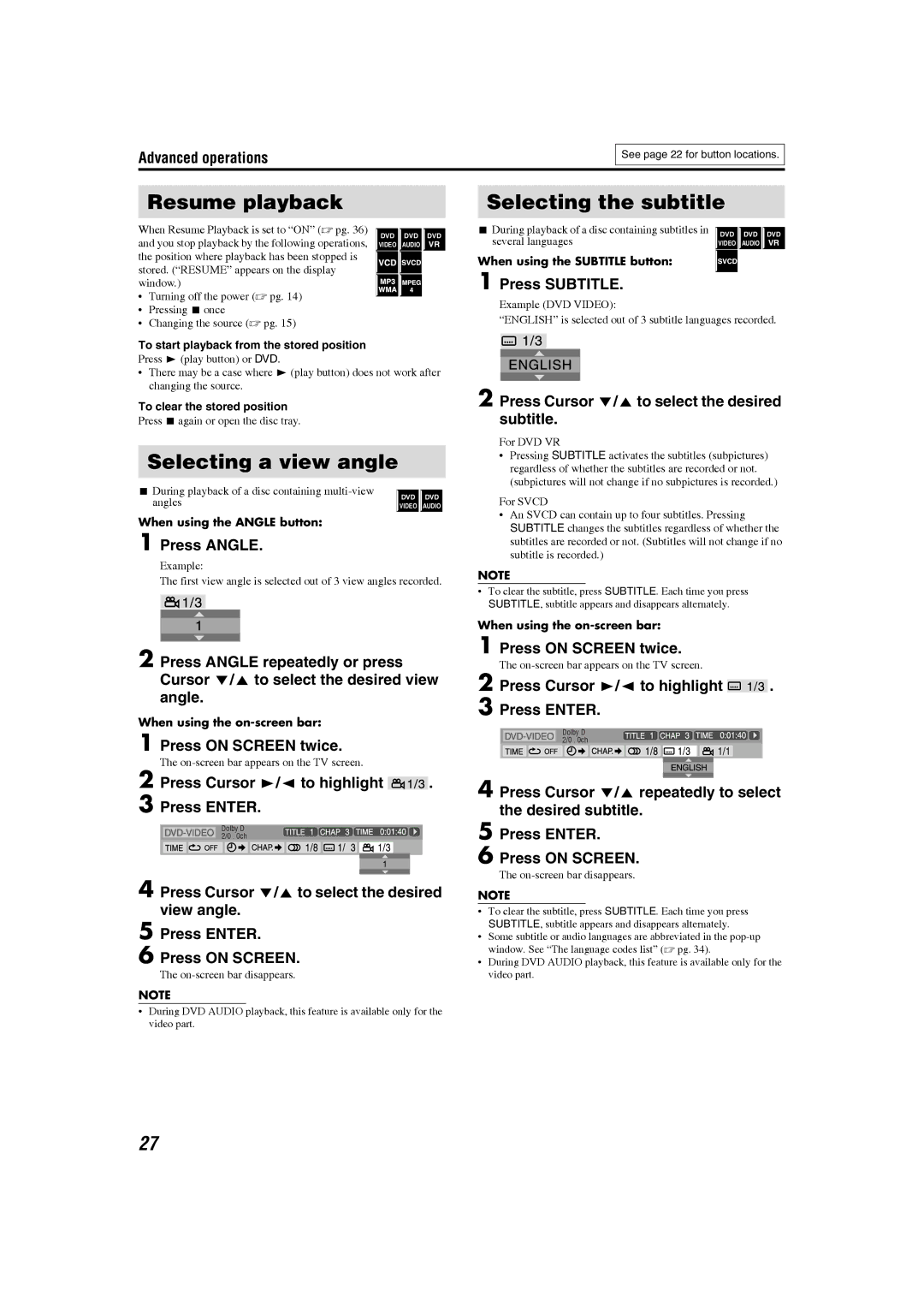 JVC XV-THS77, SP-PWS77, GVT0154-001A, SP-THS77C, SP-THS77F Resume playback, Selecting the subtitle, Selecting a view angle 