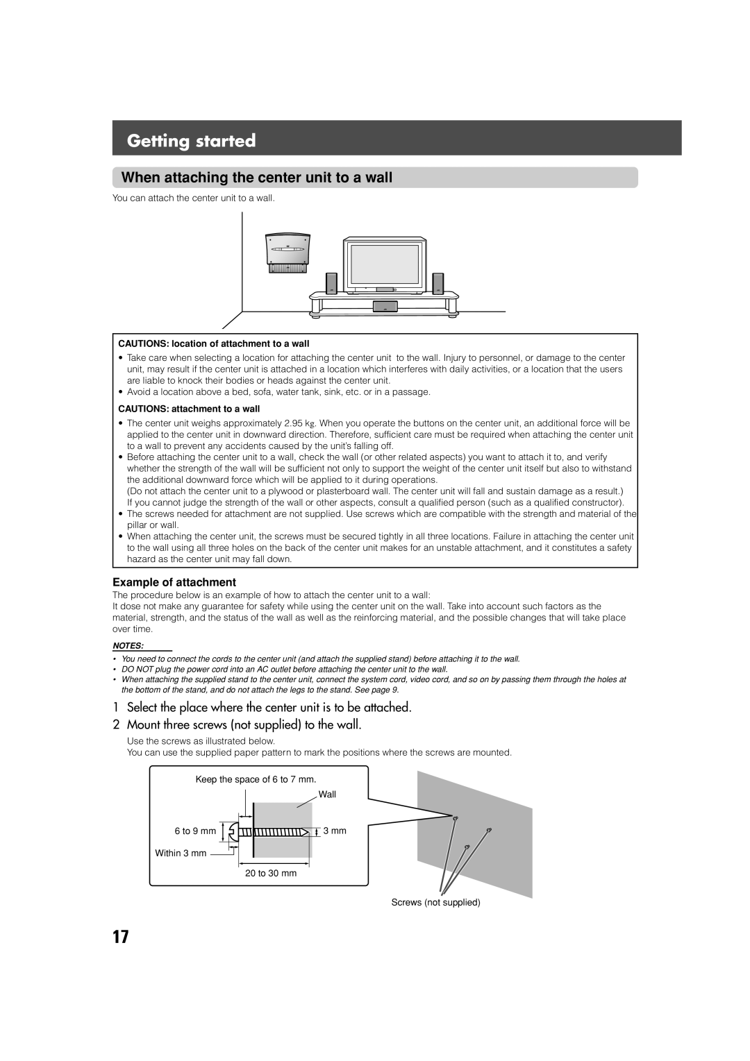 JVC LVT0865-004A, XV-THV70R, SP-XCV70 manual When attaching the center unit to a wall, Example of attachment 