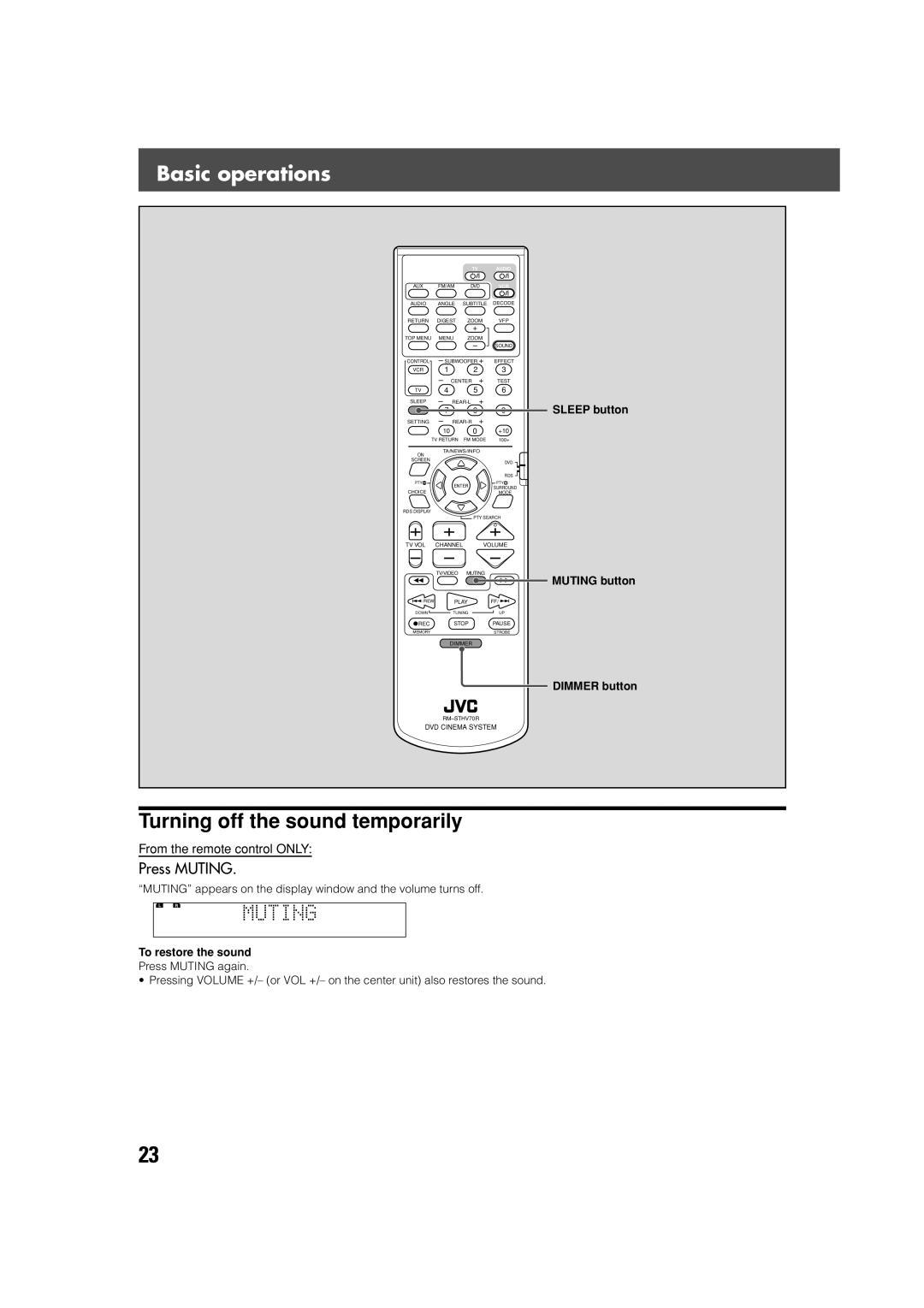 JVC LVT0865-004A, XV-THV70R manual Basic operations, Turning off the sound temporarily, Press Muting, To restore the sound 