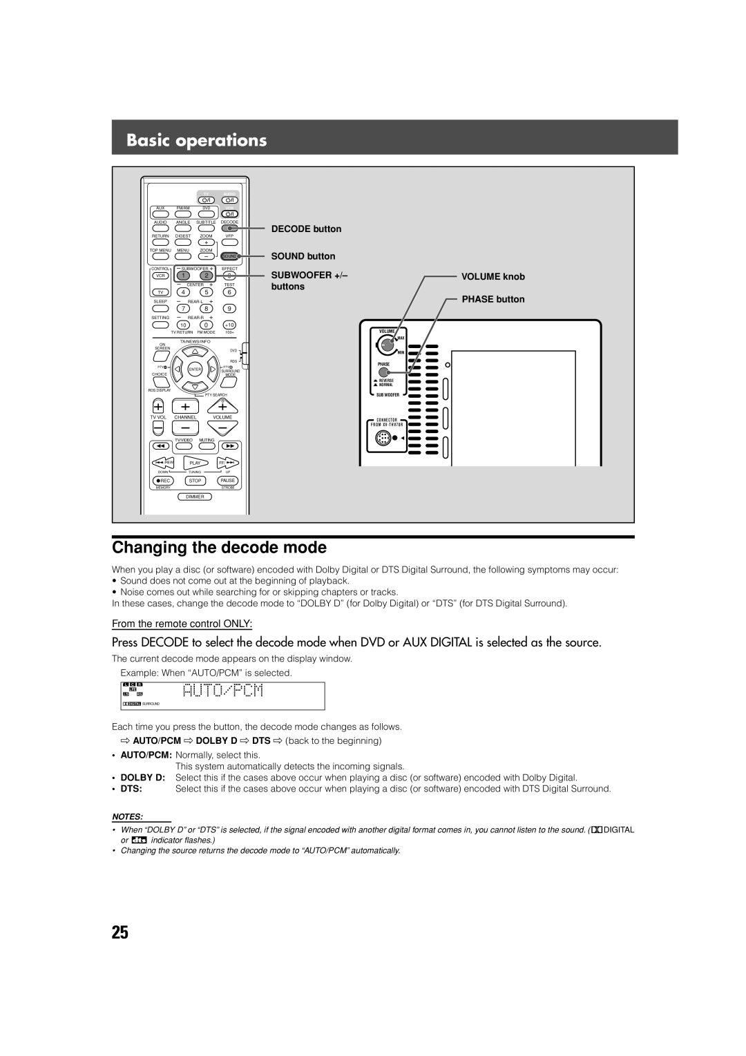 JVC XV-THV70R, LVT0865-004A, SP-XCV70 manual Changing the decode mode, Subwoofer + 