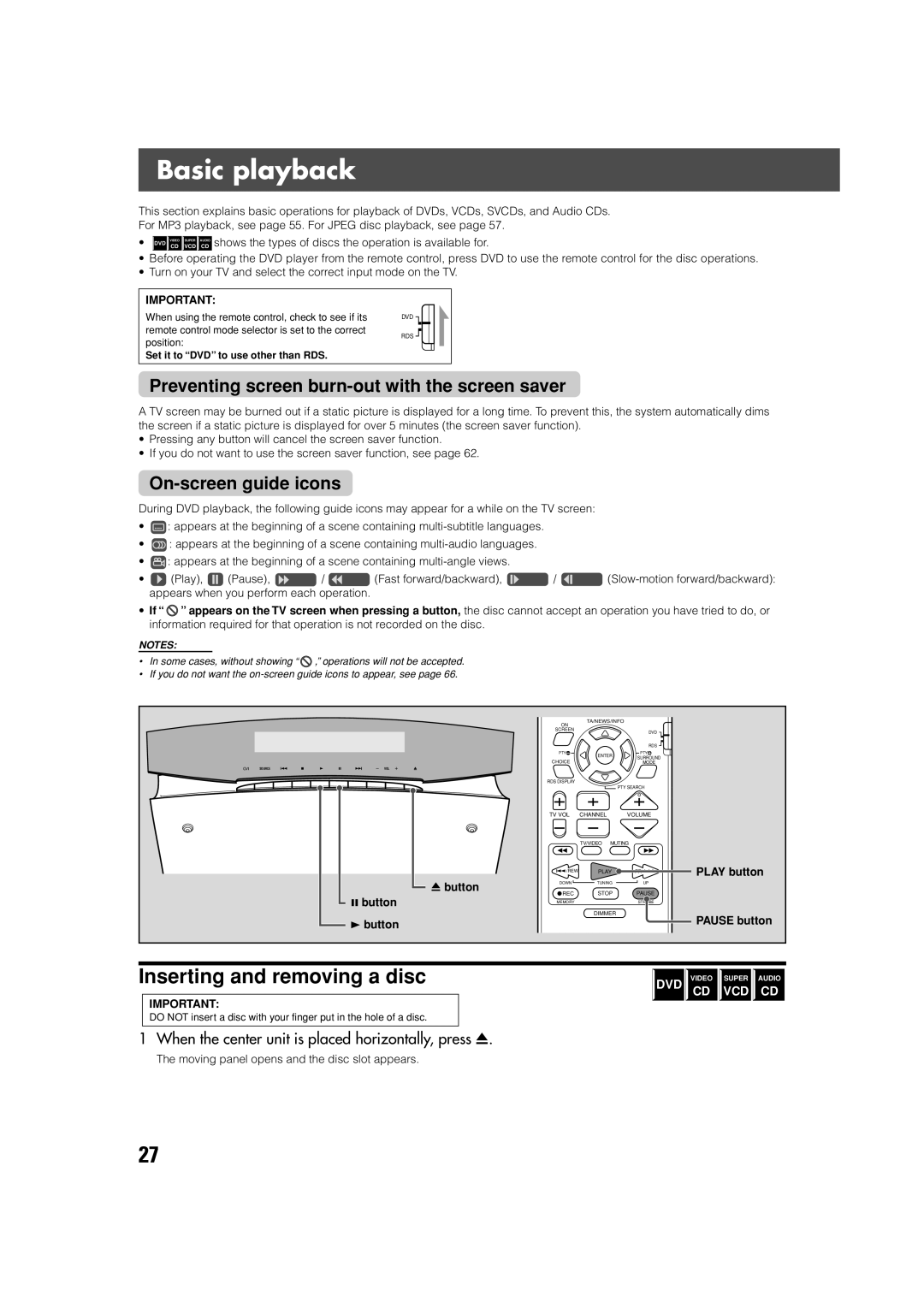 JVC SP-XCV70, XV-THV70R Basic playback, Inserting and removing a disc, Preventing screen burn-out with the screen saver 