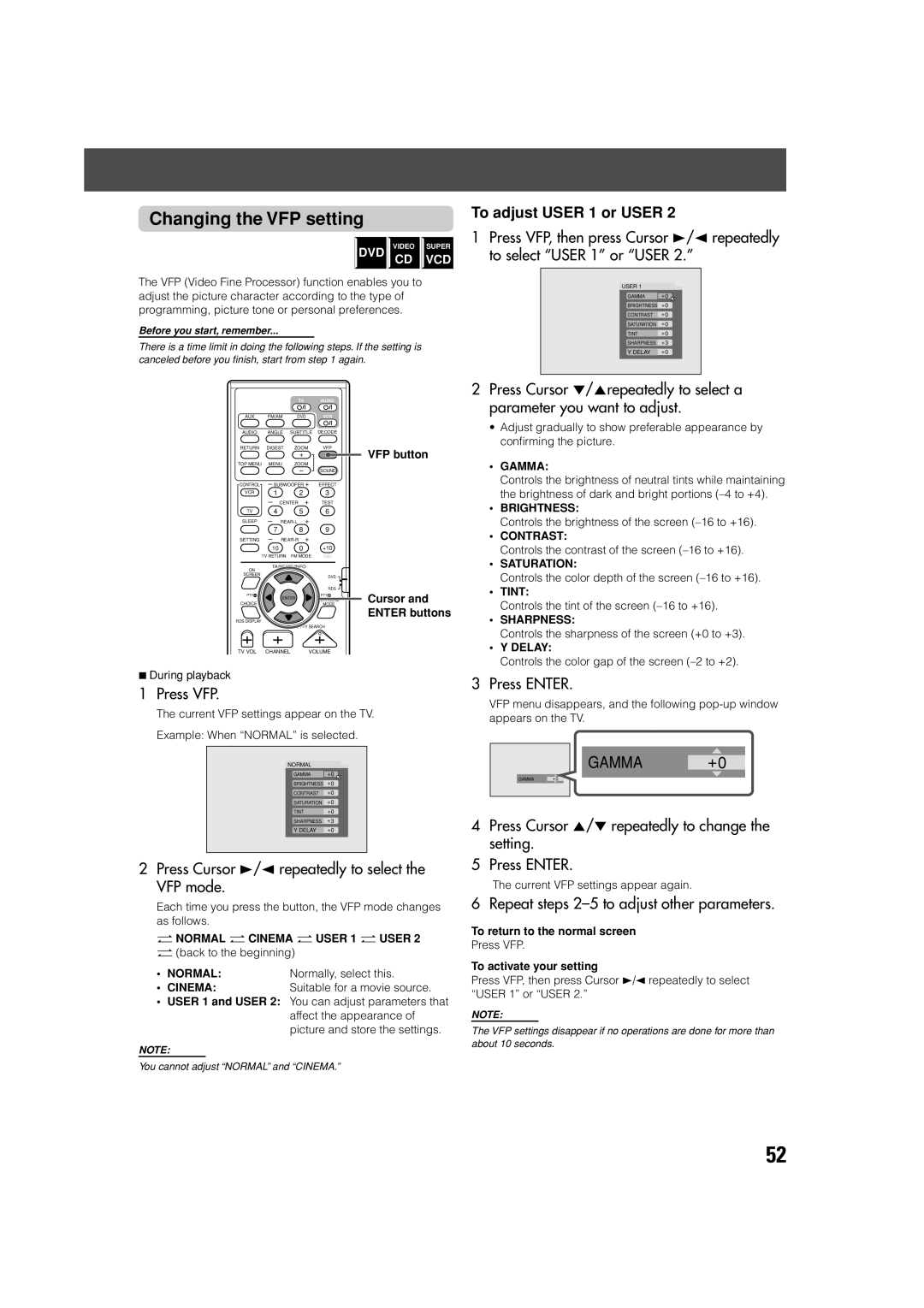 JVC XV-THV70R, LVT0865-004A manual Changing the VFP setting, Press VFP, Press Cursor 3/2 repeatedly to select the VFP mode 