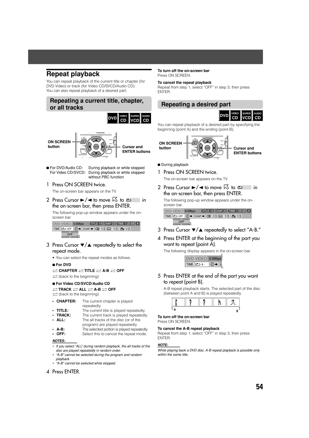 JVC SP-XCV70, XV-THV70R manual Repeat playback, Repeating a current title, chapter, or all tracks, Repeating a desired part 